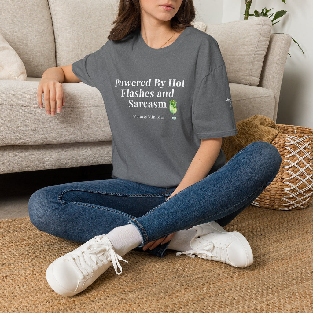 "Powered By Hot Flashes & Sarcasm" Funny Menopause T-Shirt by Meno & Mimosas