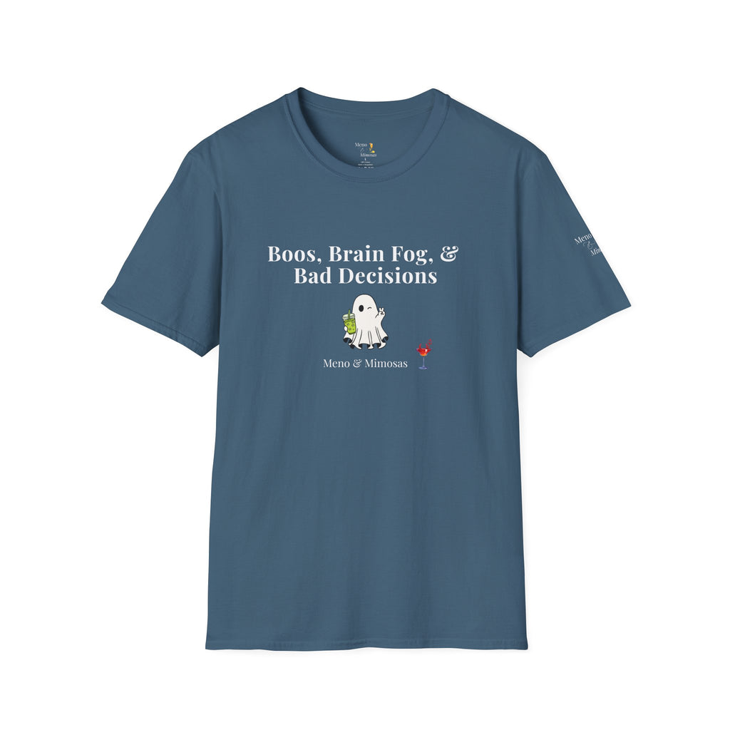 "Boos, Brain Fog & Bad Decisions" Funny Menopause Humour T-Shirt by Meno & Mimosas