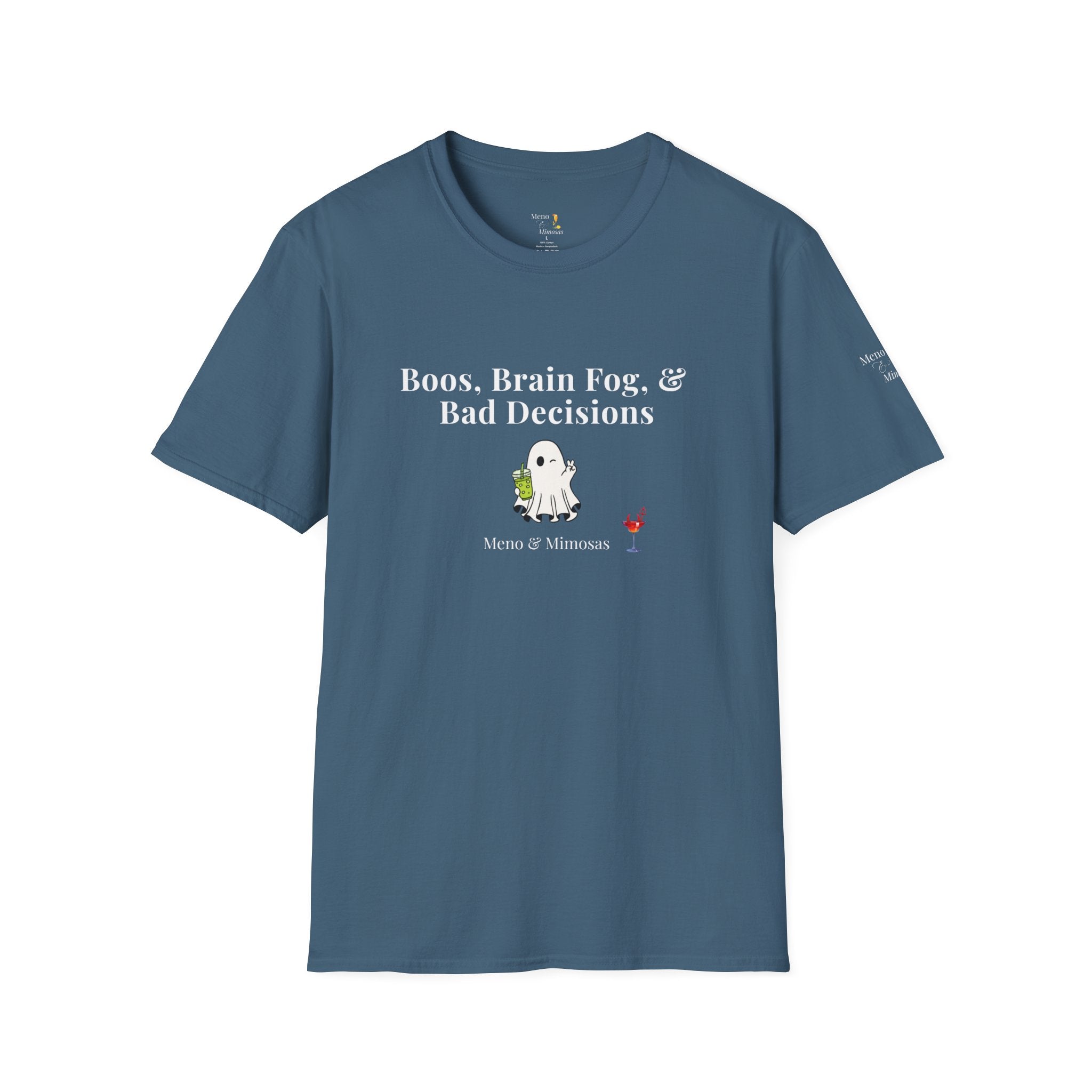 "Boos, Brain Fog & Bad Decisions" Funny Menopause Humour T-Shirt by Meno & Mimosas