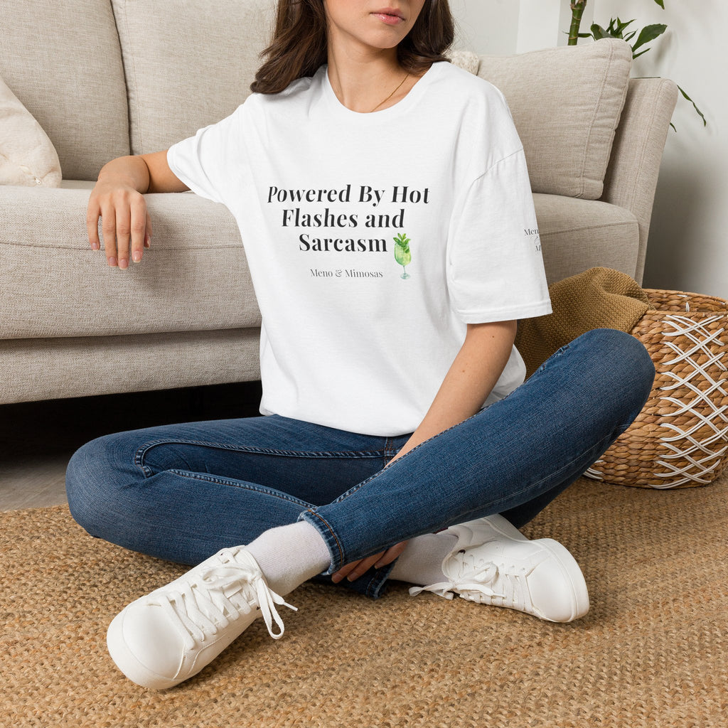 "Powered By Hot Flashes and Sarcasm" Funny Menopause T-Shirt by Meno & Mimosas