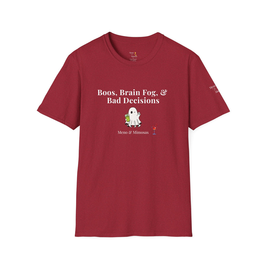 "Boos, Brain Fog & Bad Decisions" Funny Menopause Humour T-Shirt by Meno & Mimosas