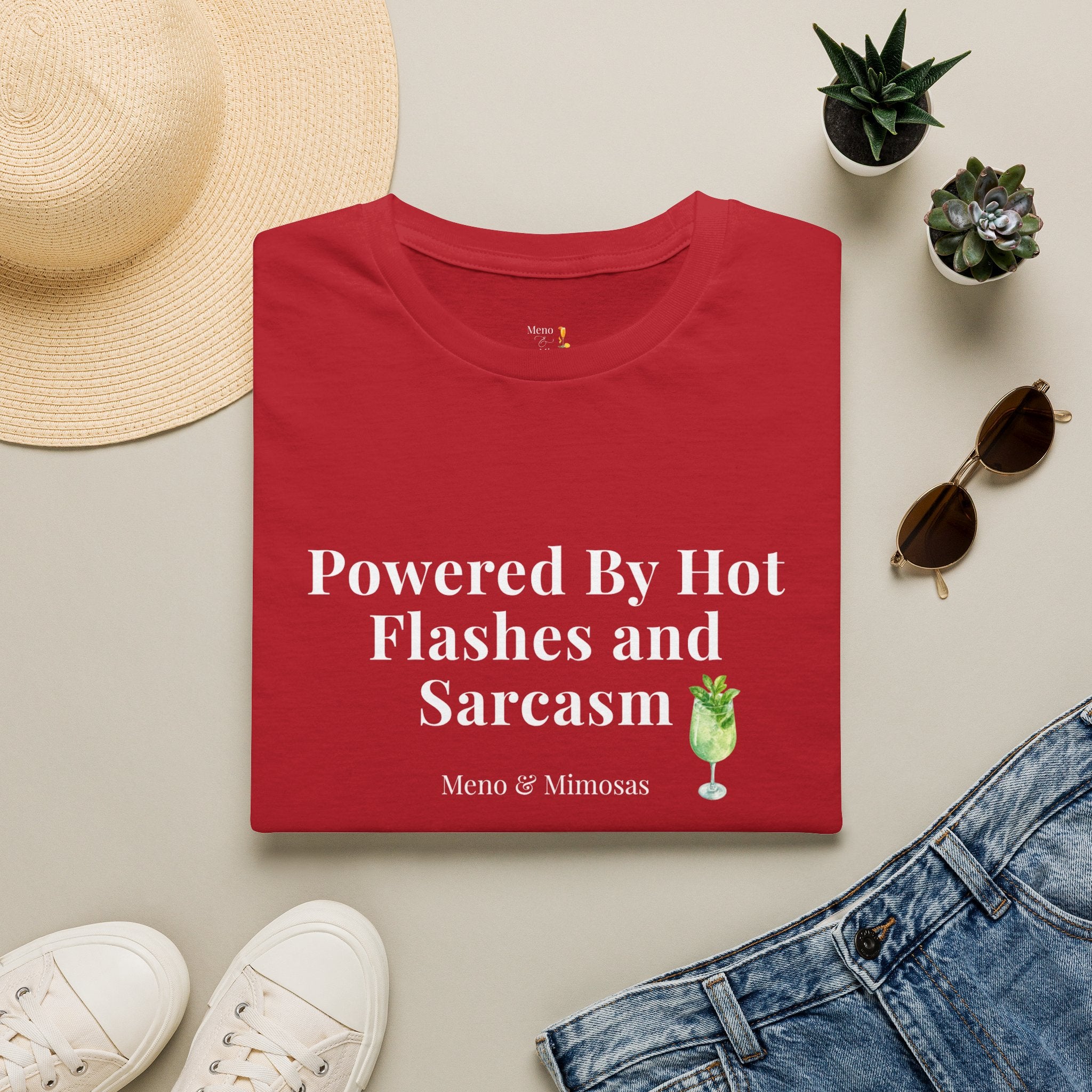 "Powered By Hot Flashes & Sarcasm" Funny Menopause T-Shirt by Meno & Mimosas