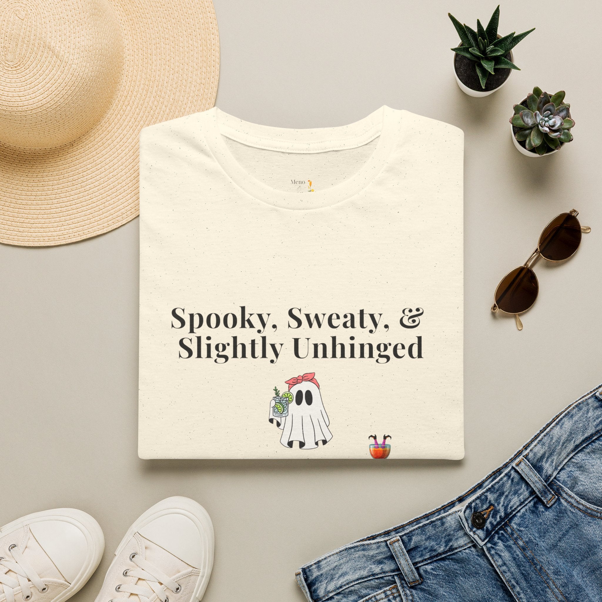 "Spooky, Sweaty, & Slightly Unhinged Funny T-Shirt by Meno & Mimosas - Halloween Collection