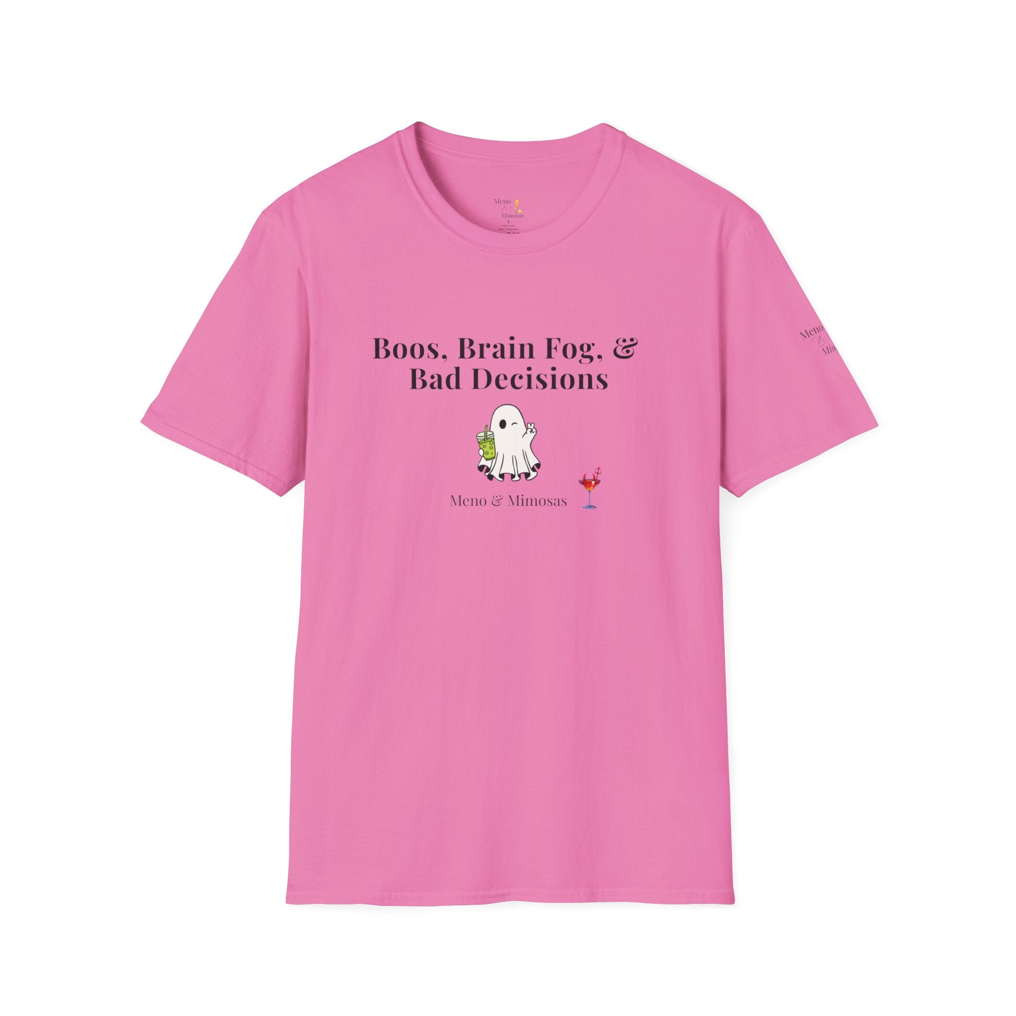 "Boos, Brain Fog, & Bad Decisions" Funny menopause humour T-Shirt from Meno & Mimosas