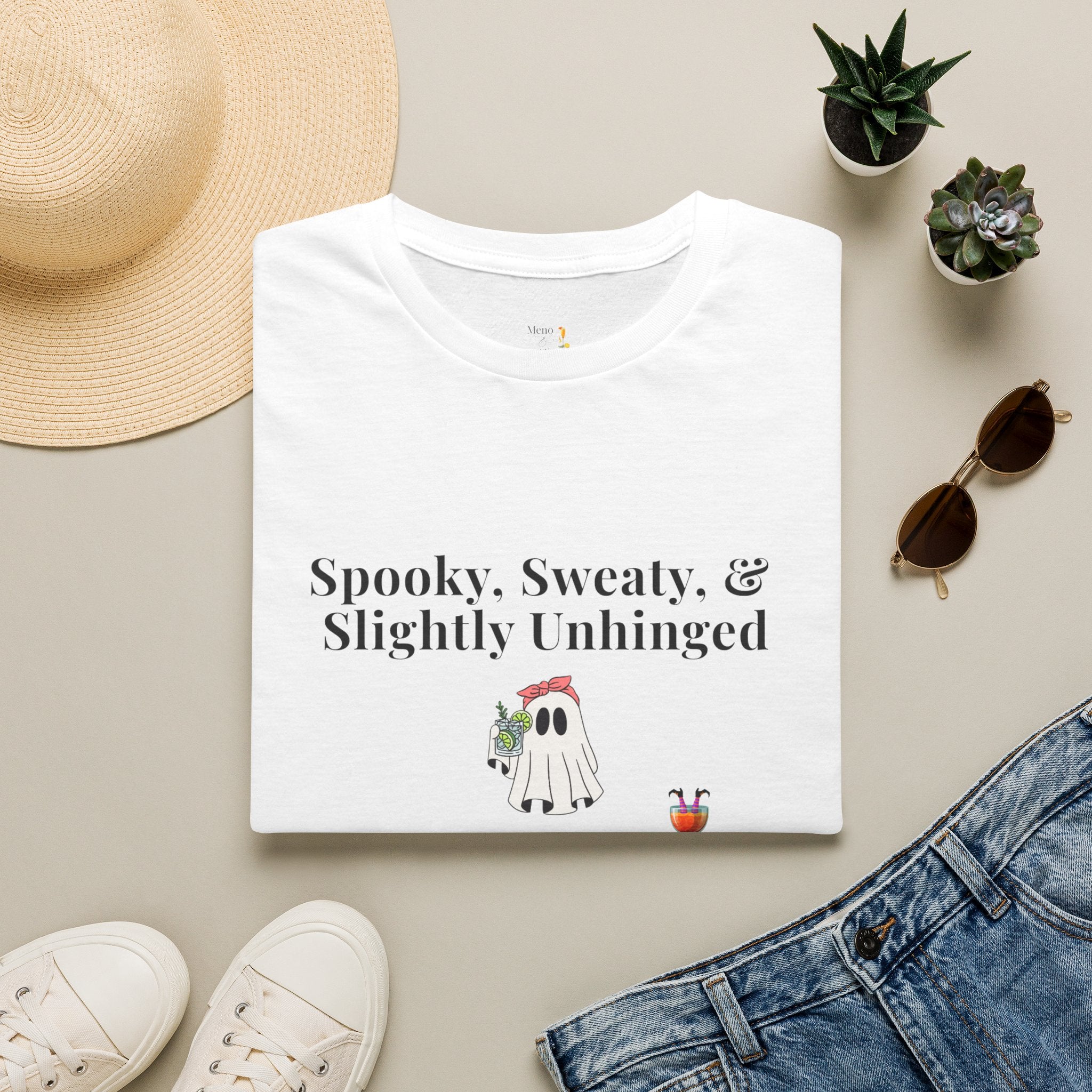 "Spooky, Sweaty, & Slightly Unhinged Funny T-Shirt by Meno & Mimosas - Halloween Collection