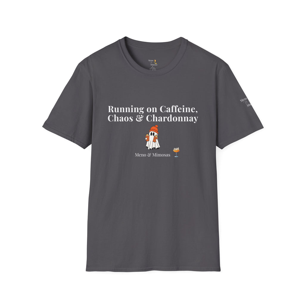 "Running on Caffeine, Chaos & Chardonnay" Funny Halloween T-Shirt by Meno & Mimosas