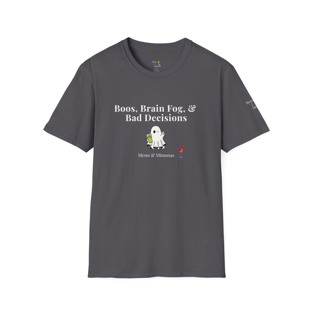 "Boos, Brain Fog & Bad Decisions" Funny Menopause Humour T-Shirt by Meno & Mimosas