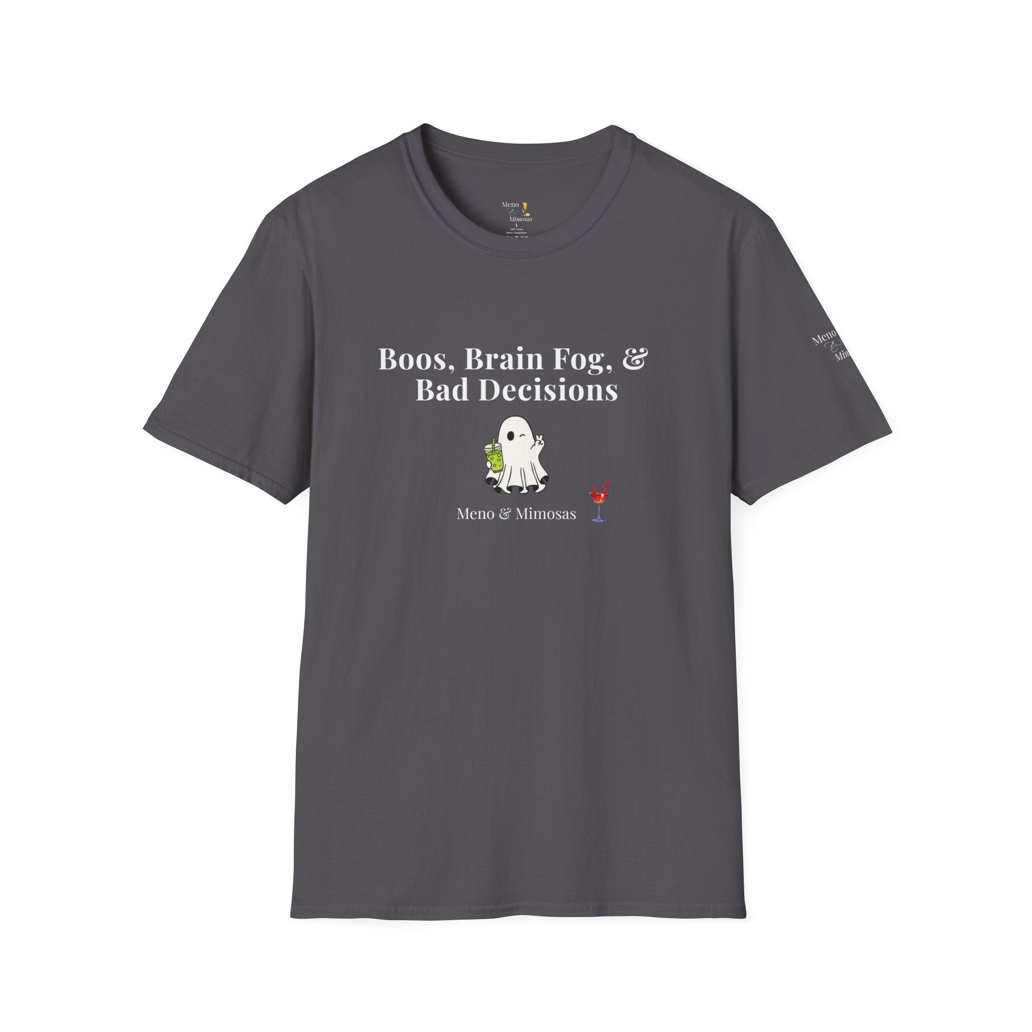 "Boos, Brain Fog & Bad Decisions" Funny Menopause Humour T-Shirt by Meno & Mimosas