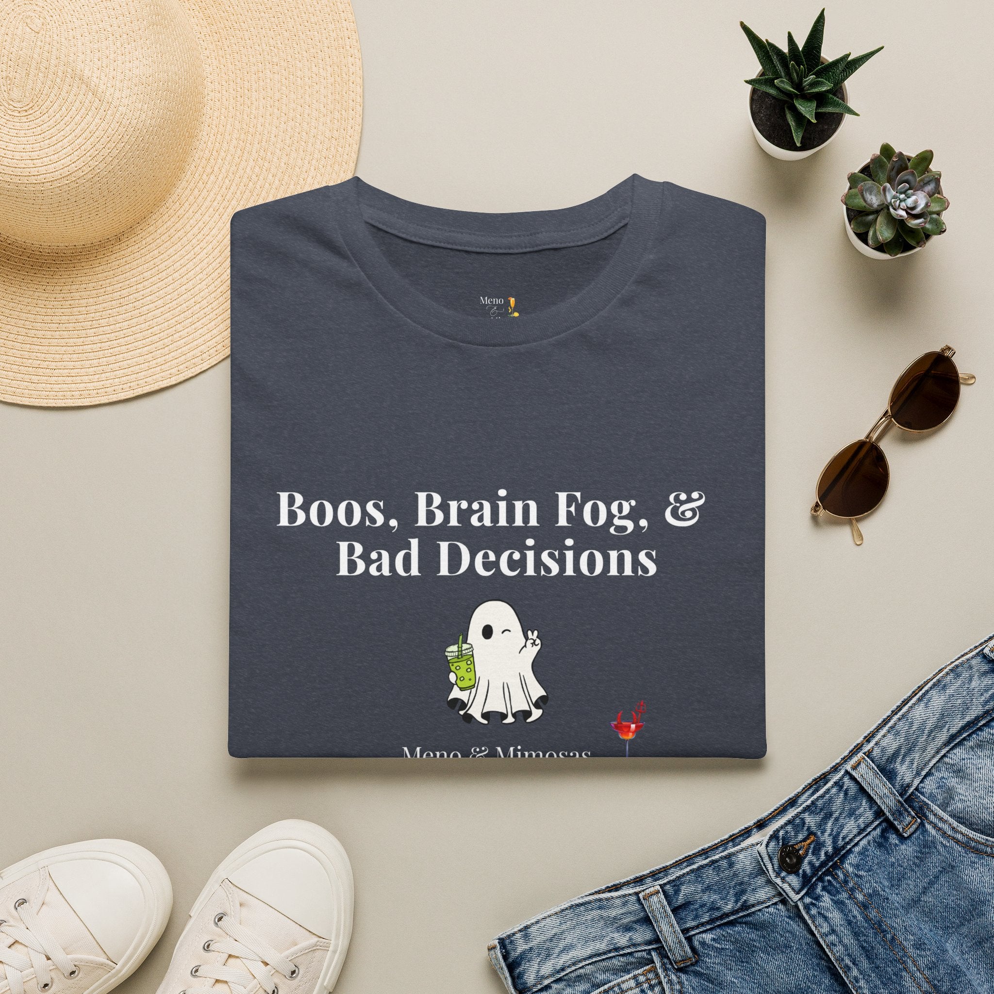 "Boos, Brain Fog & Bad Decisions" Funny Menopause Humour T-Shirt by Meno & Mimosas