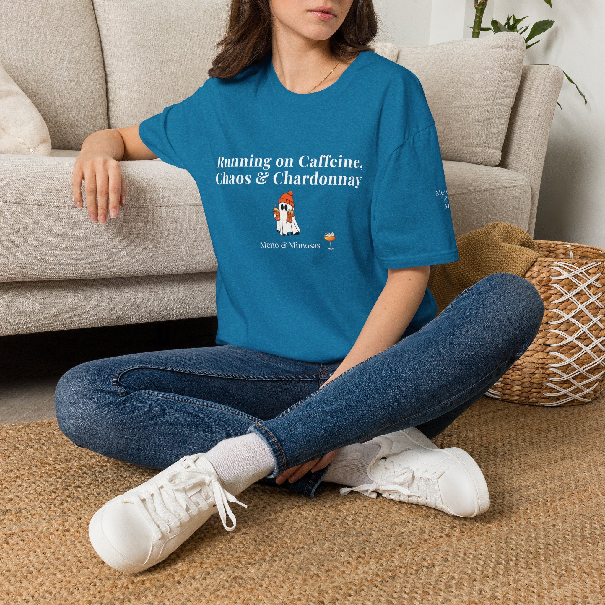 "Running on Caffeine, Chaos & Chardonnay" Funny Halloween T-Shirt by Meno & Mimosas