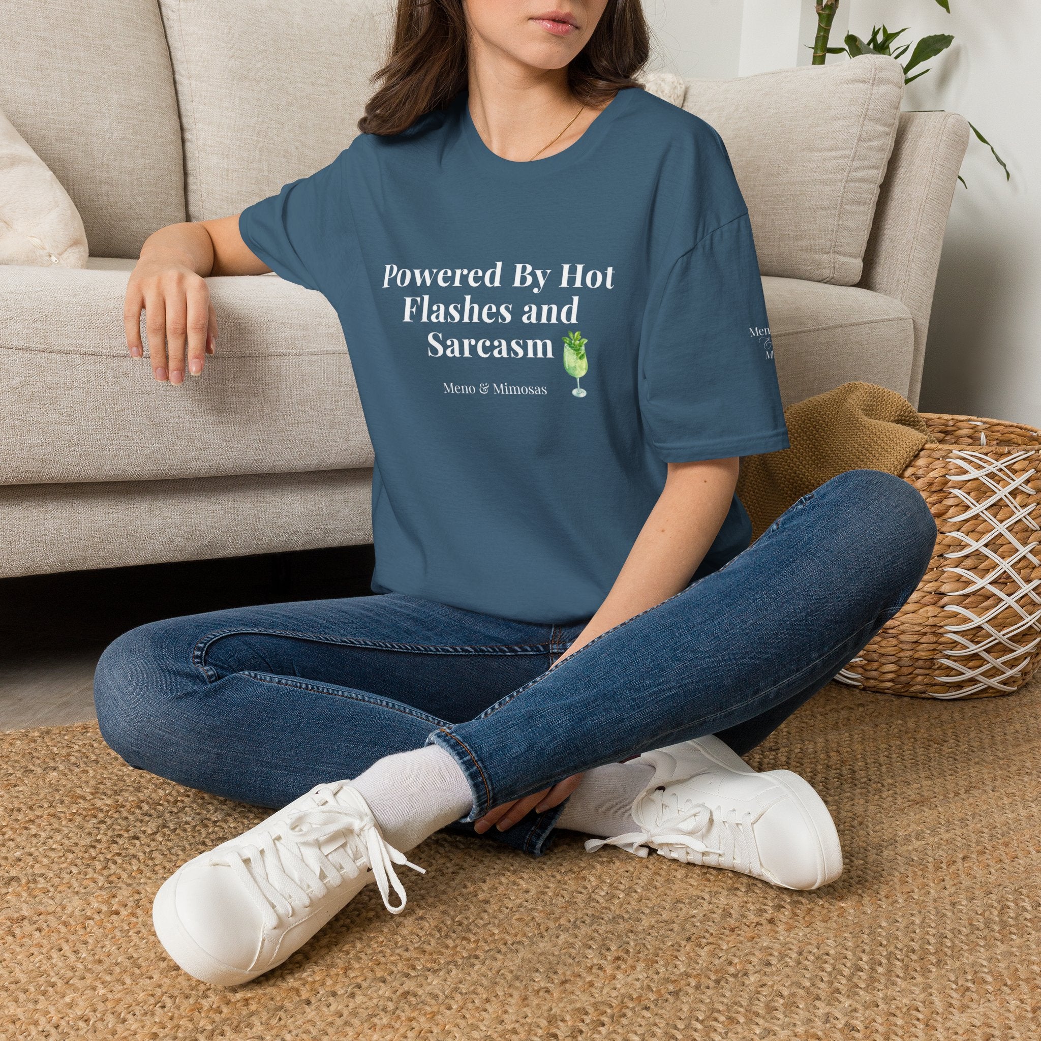 "Powered By Hot Flashes & Sarcasm" Funny Menopause T-Shirt by Meno & Mimosas