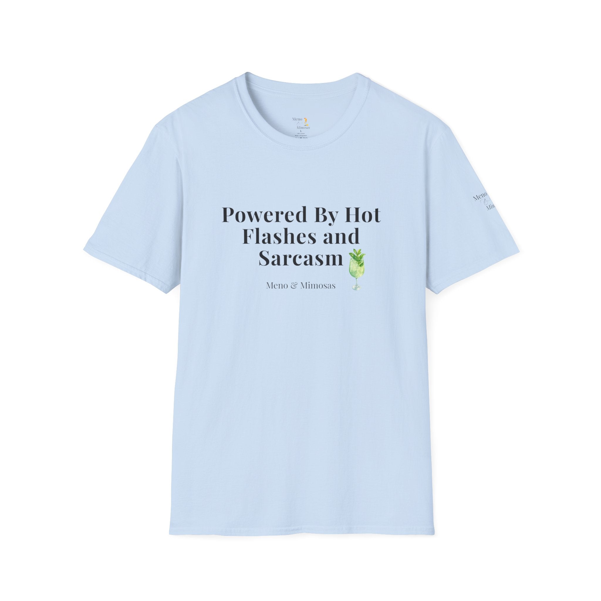 "Powered By Hot Flashes and Sarcasm" Funny Menopause T-Shirt by Meno & Mimosas