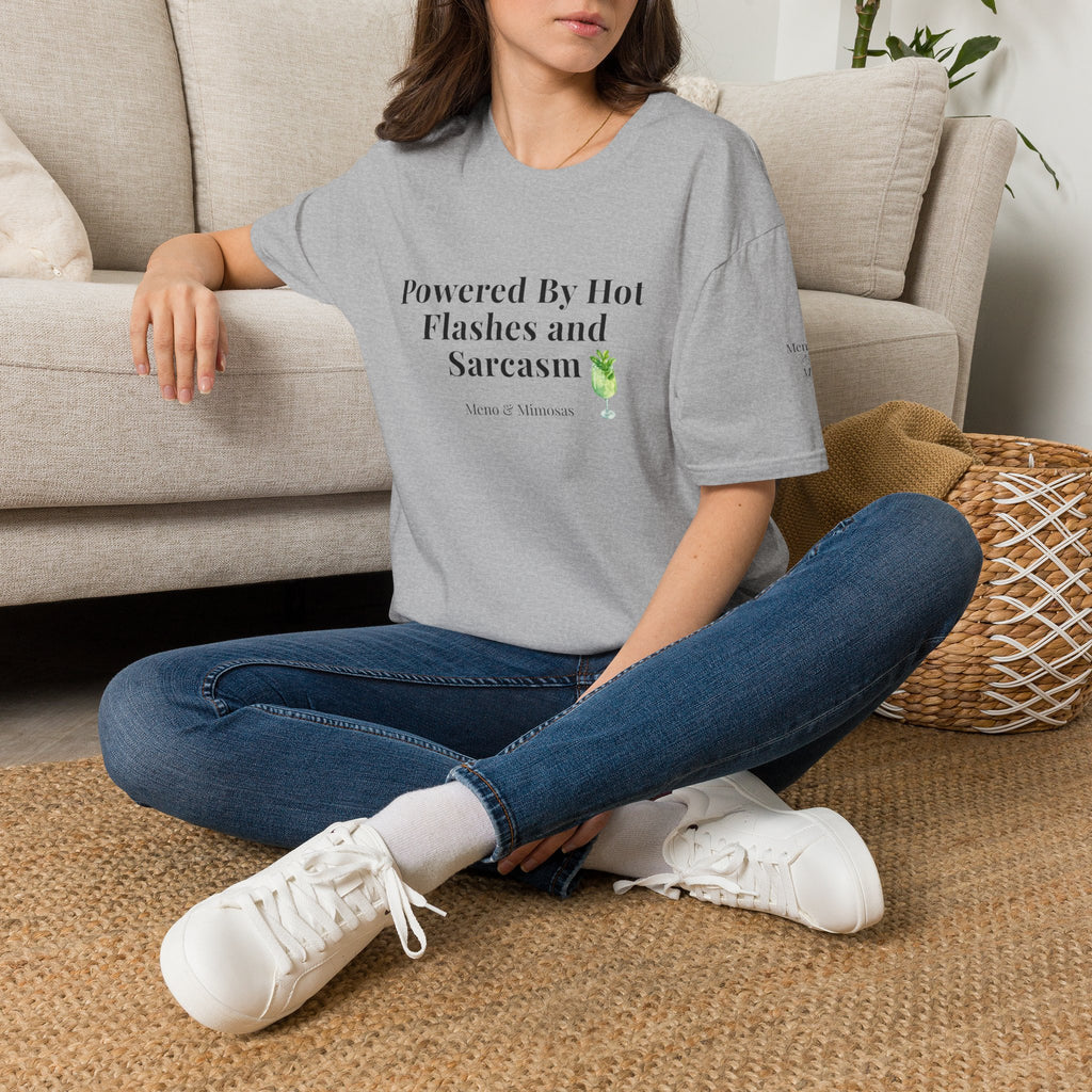 "Powered By Hot Flashes and Sarcasm" Funny Menopause T-Shirt by Meno & Mimosas