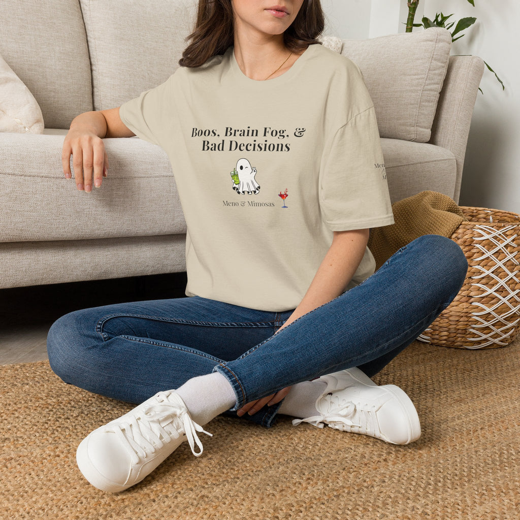 "Boos, Brain Fog, & Bad Decisions" Funny menopause humour T-Shirt from Meno & Mimosas