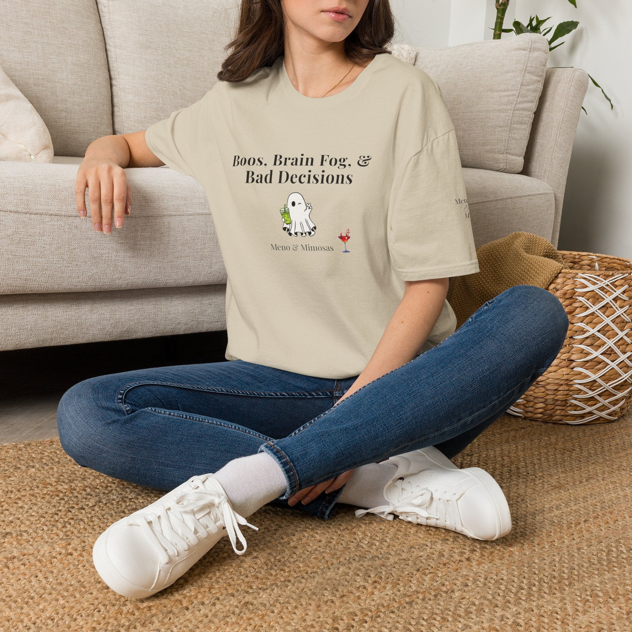 "Boos, Brain Fog, & Bad Decisions" Funny menopause humour T-Shirt from Meno & Mimosas