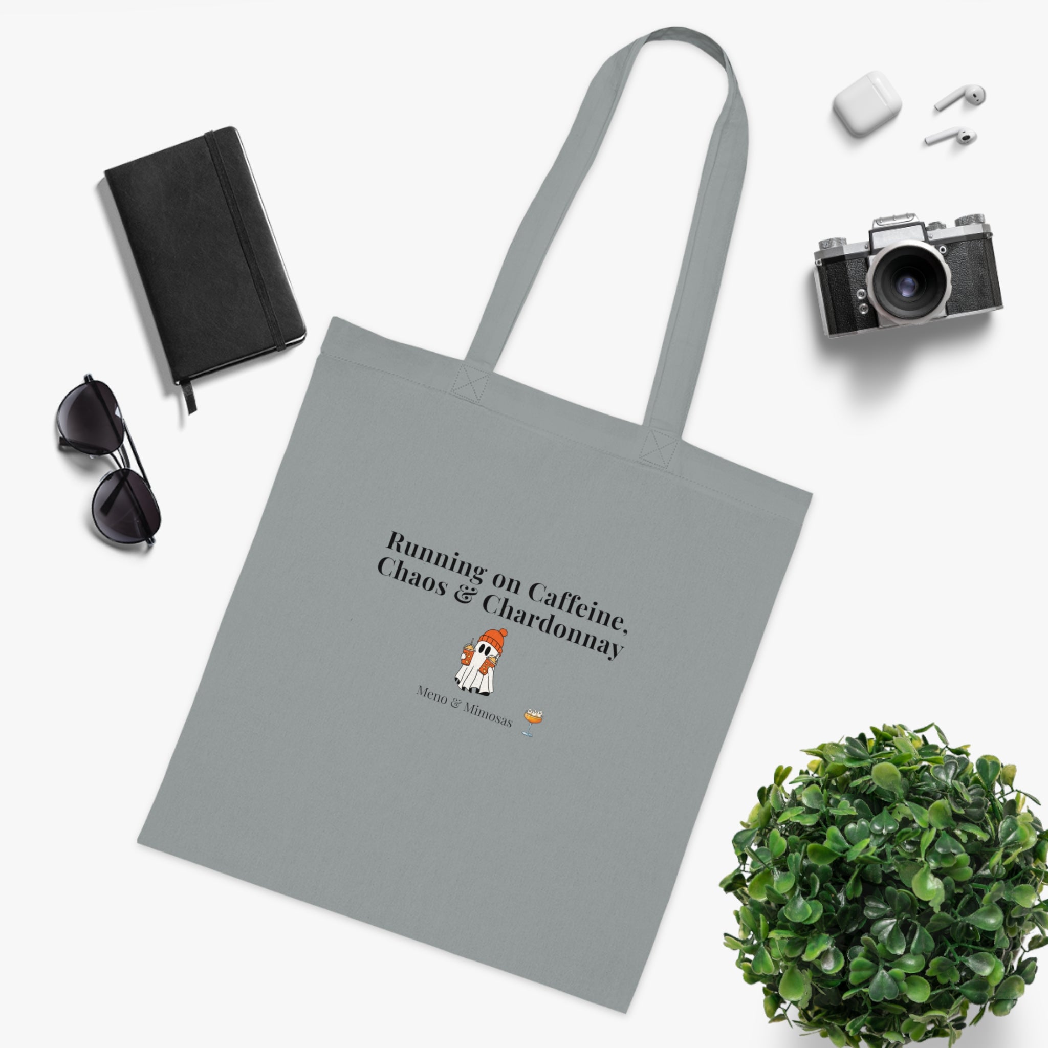 Running on Caffeine, Chaos & Chardonnay Cotton Tote — Funny Mom Tote Bag