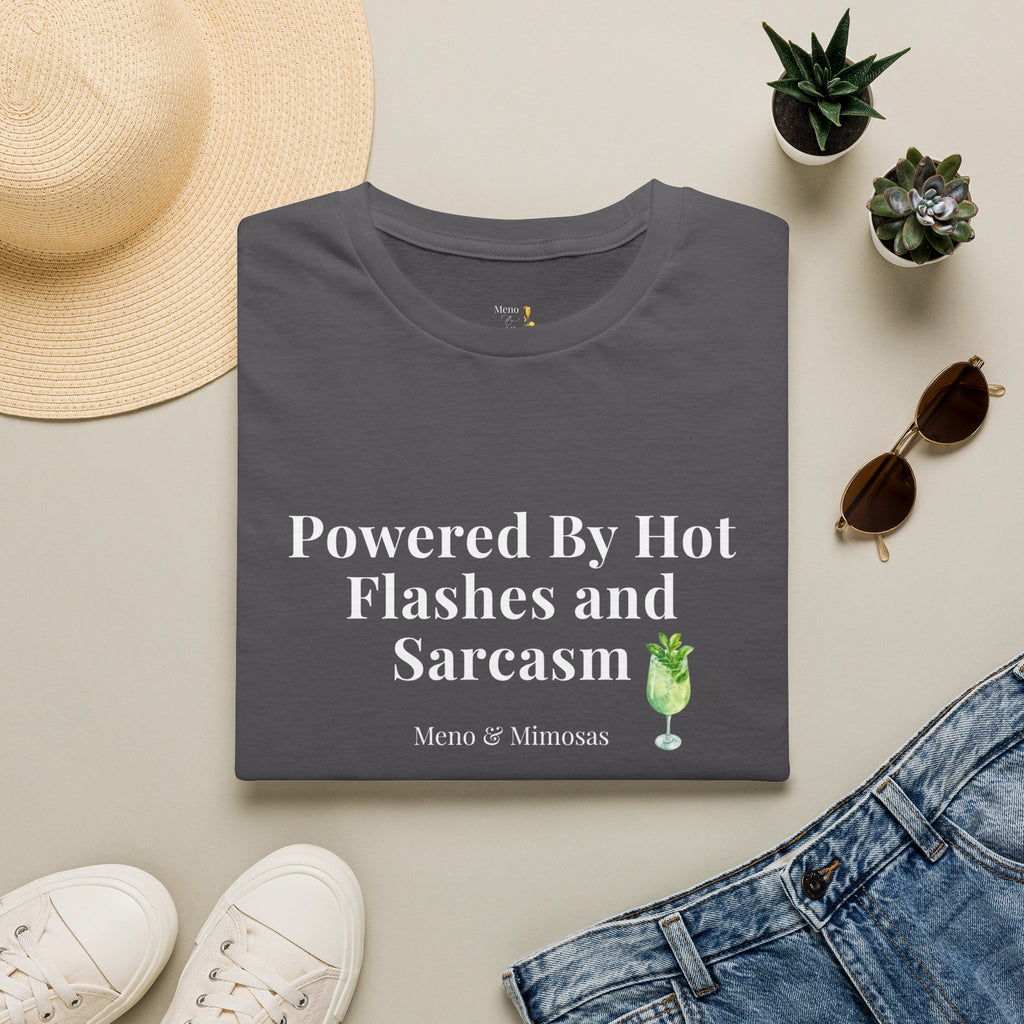 "Powered By Hot Flashes & Sarcasm" Funny Menopause T-Shirt by Meno & Mimosas