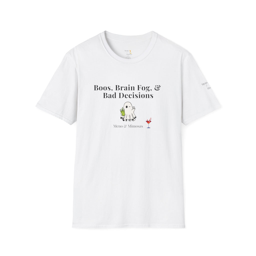 "Boos, Brain Fog, & Bad Decisions" Funny menopause humour T-Shirt from Meno & Mimosas