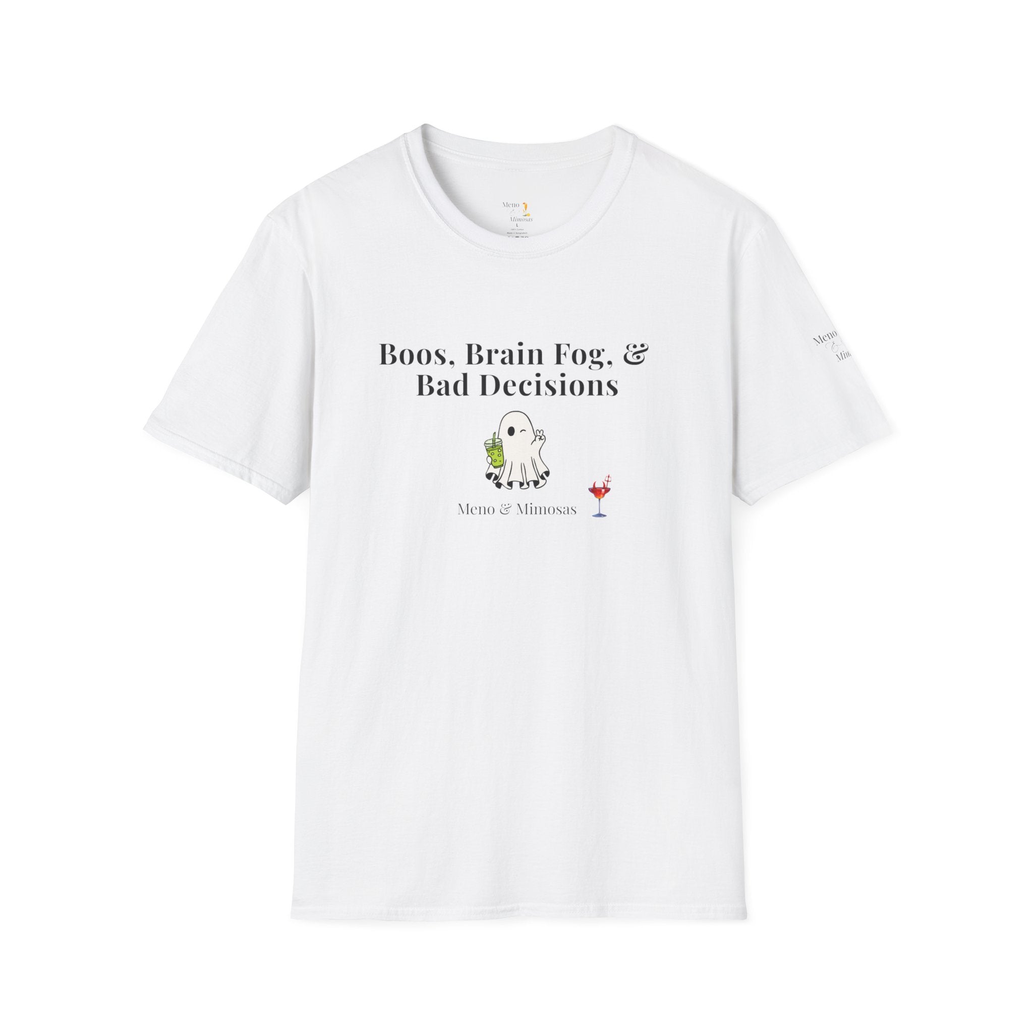"Boos, Brain Fog, & Bad Decisions" Funny menopause humour T-Shirt from Meno & Mimosas