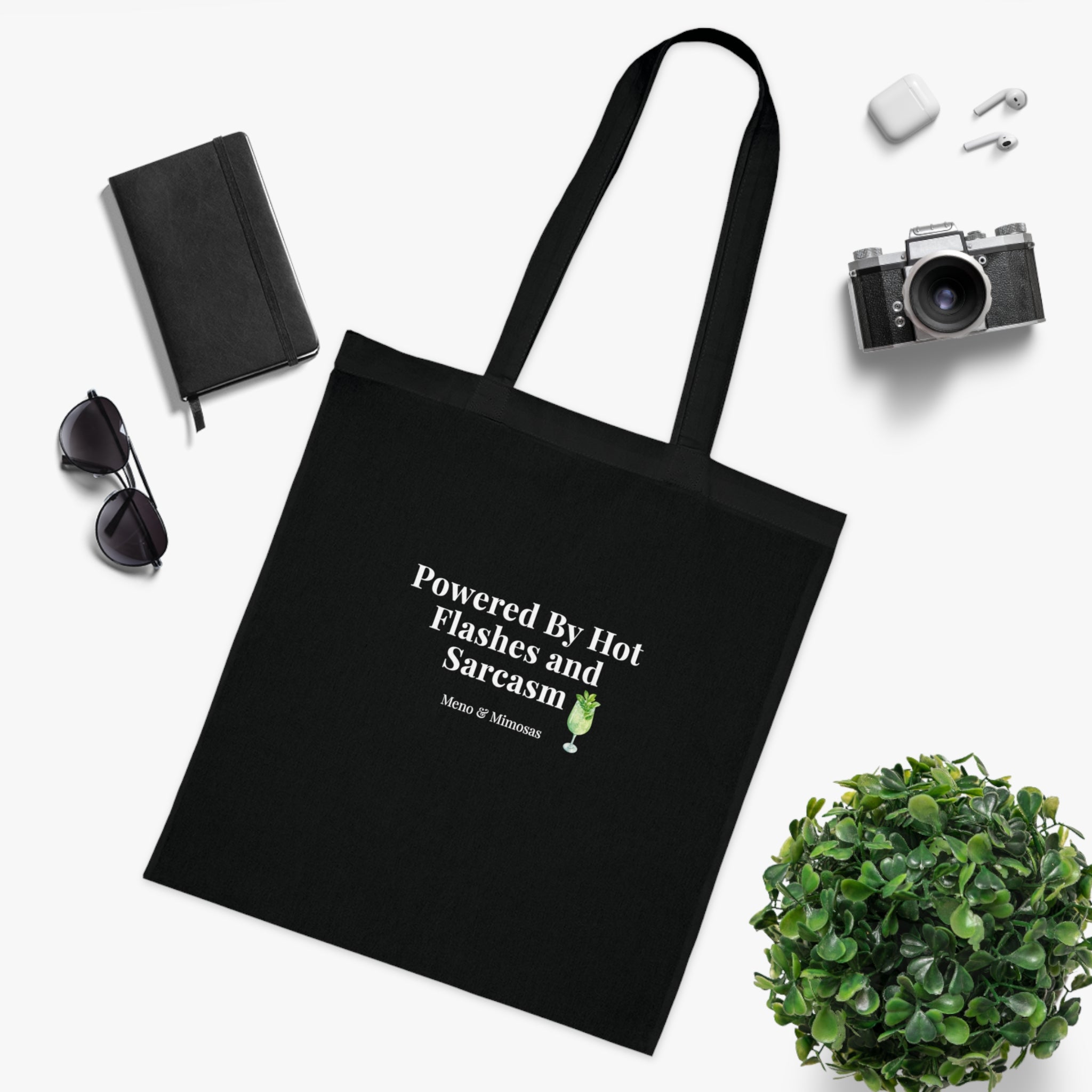 "Powered by Hormone Replacements and Prosecco" Funny Menopause Humour Tote Shopping Bag by Meno & Mimosas