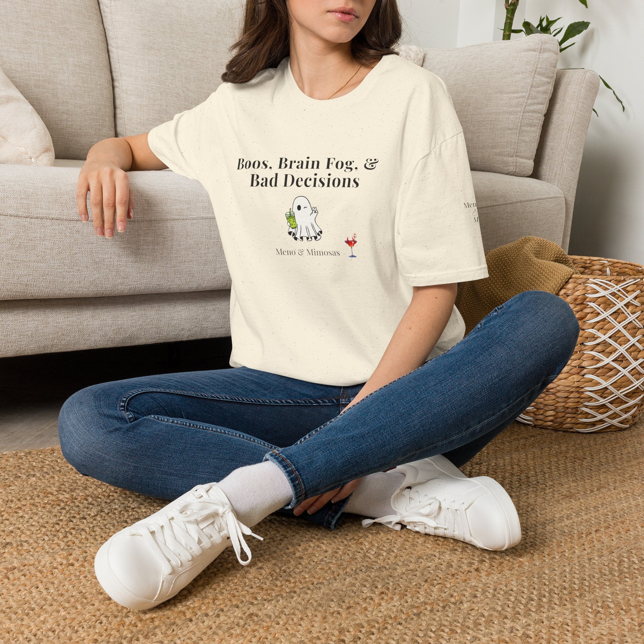 "Boos, Brain Fog, & Bad Decisions" Funny menopause humour T-Shirt from Meno & Mimosas