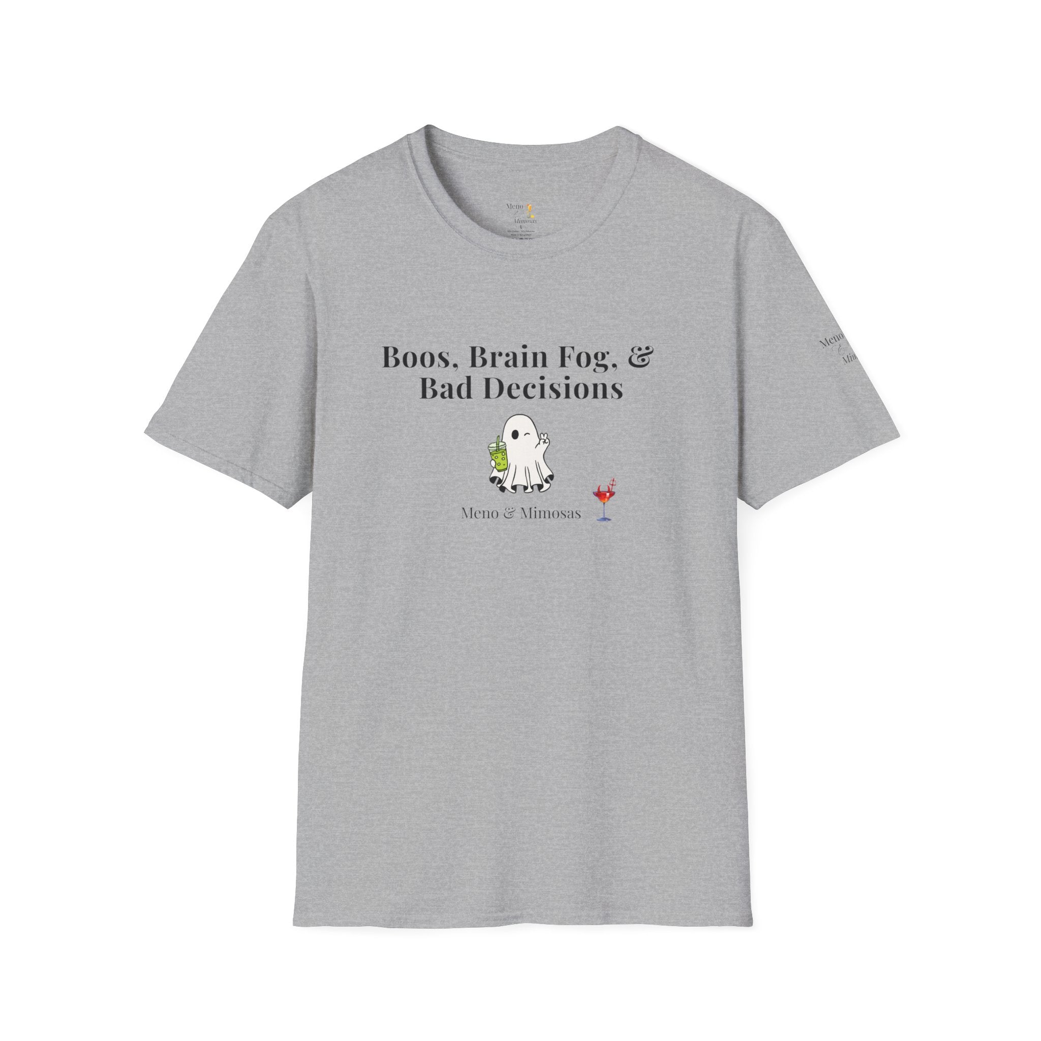 "Boos, Brain Fog, & Bad Decisions" Funny menopause humour T-Shirt from Meno & Mimosas