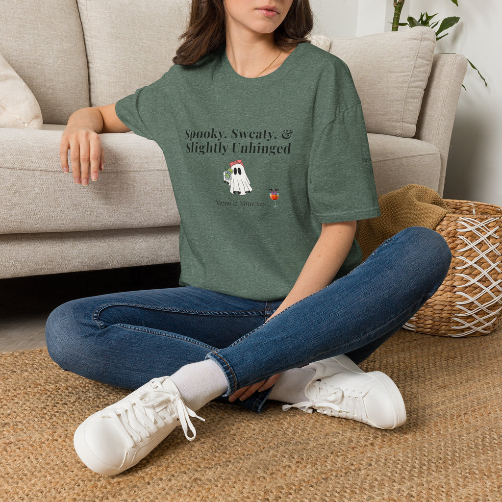 "Spooky, Sweaty, & Slightly Unhinged Funny T-Shirt by Meno & Mimosas - Halloween Collection