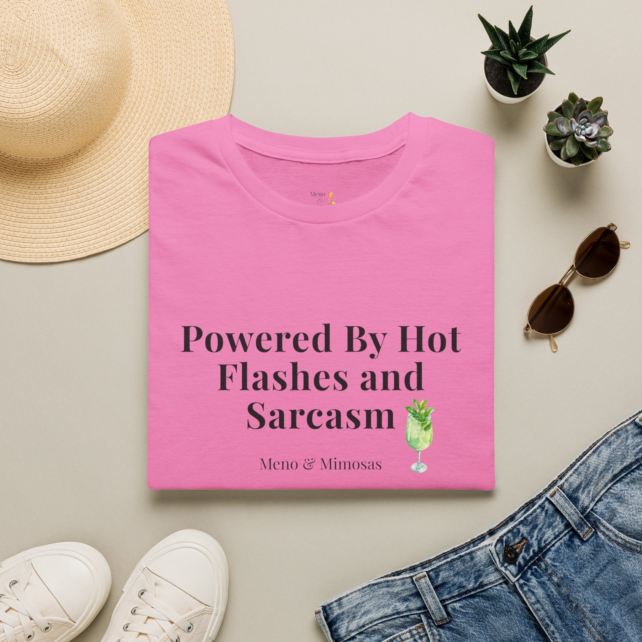 "Powered By Hot Flashes and Sarcasm" Funny Menopause T-Shirt by Meno & Mimosas
