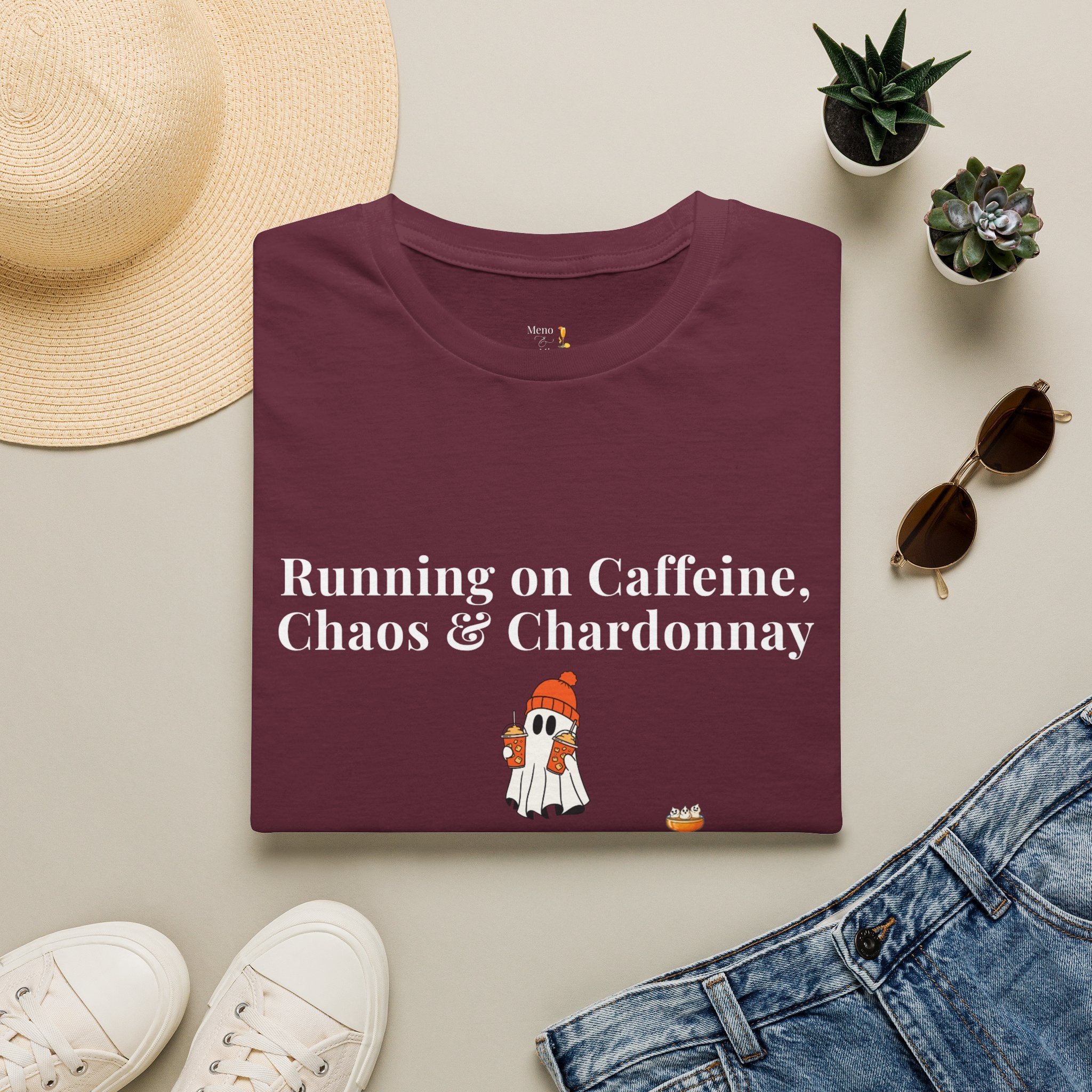 "Running on Caffeine, Chaos & Chardonnay" Funny Halloween T-Shirt by Meno & Mimosas