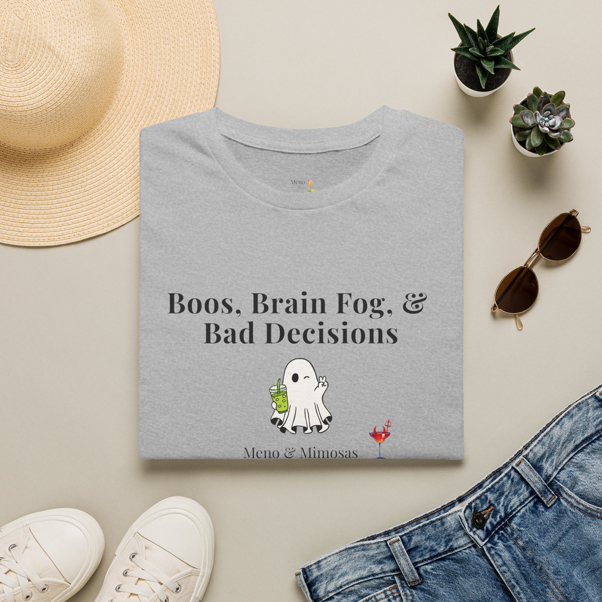 "Boos, Brain Fog, & Bad Decisions" Funny menopause humour T-Shirt from Meno & Mimosas