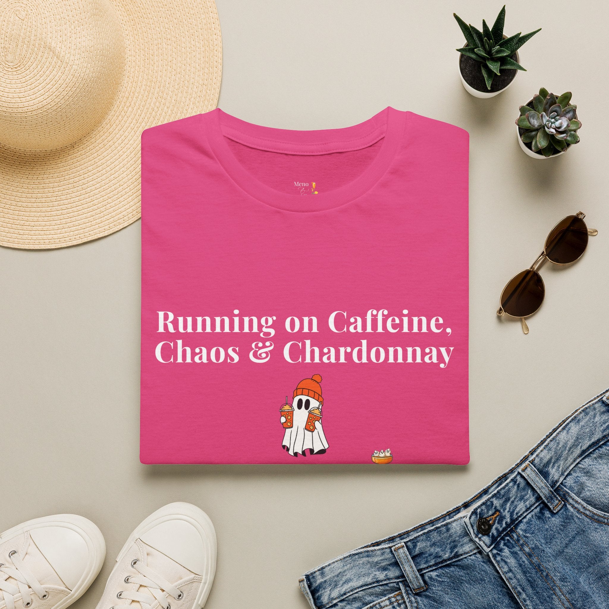 "Running on Caffeine, Chaos & Chardonnay" Funny Halloween T-Shirt by Meno & Mimosas