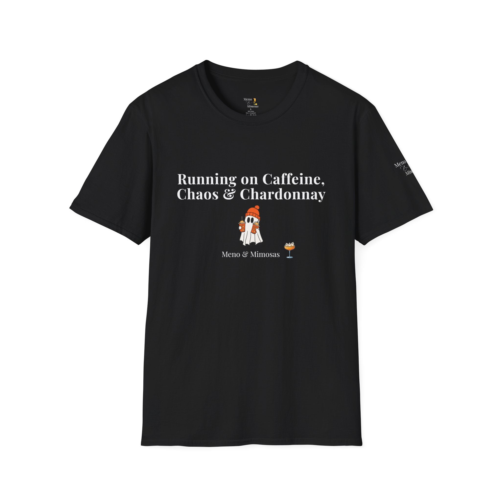 "Running on Caffeine, Chaos & Chardonnay" Funny Halloween T-Shirt by Meno & Mimosas