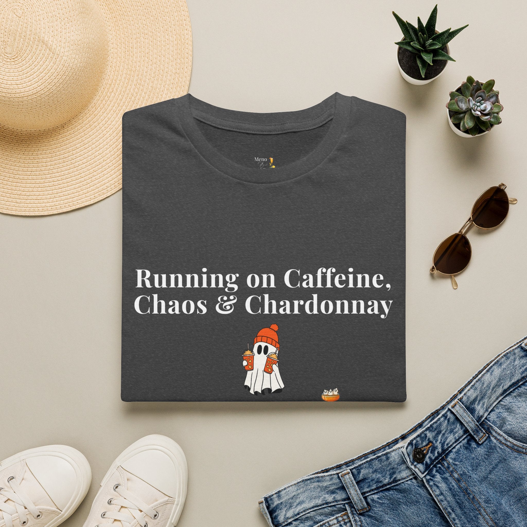 "Running on Caffeine, Chaos & Chardonnay" Funny Halloween T-Shirt by Meno & Mimosas