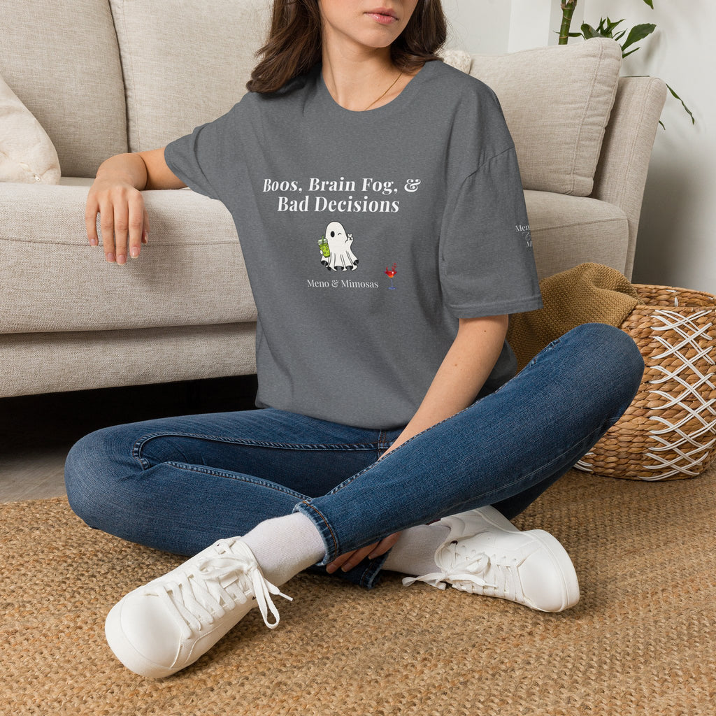 "Boos, Brain Fog & Bad Decisions" Funny Menopause Humour T-Shirt by Meno & Mimosas