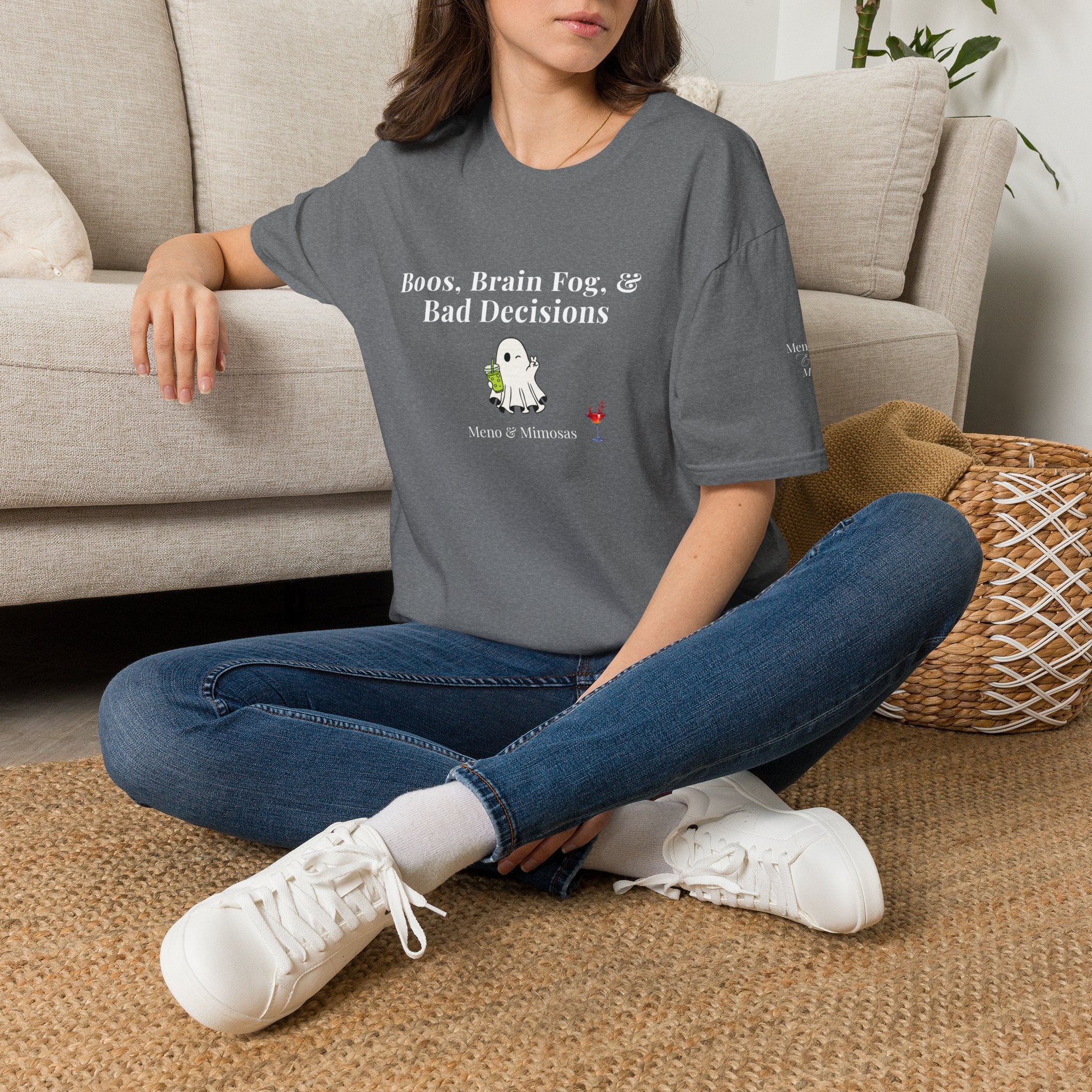 "Boos, Brain Fog & Bad Decisions" Funny Menopause Humour T-Shirt by Meno & Mimosas