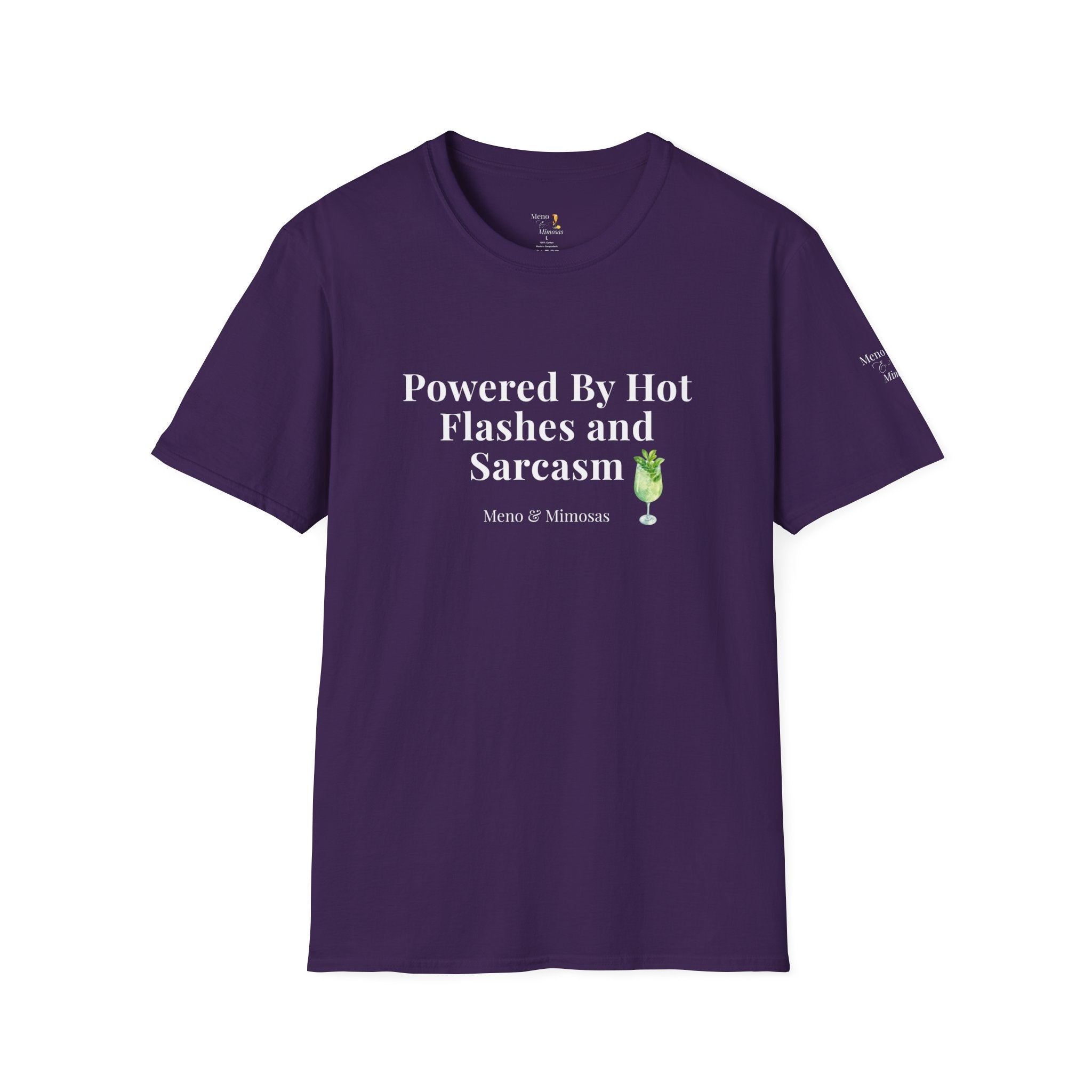 "Powered By Hot Flashes & Sarcasm" Funny Menopause T-Shirt by Meno & Mimosas