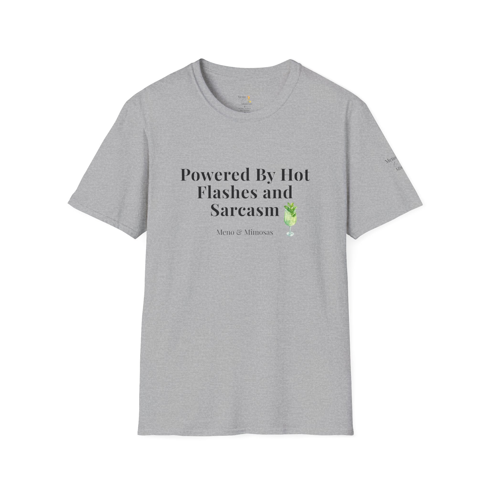 "Powered By Hot Flashes and Sarcasm" Funny Menopause T-Shirt by Meno & Mimosas