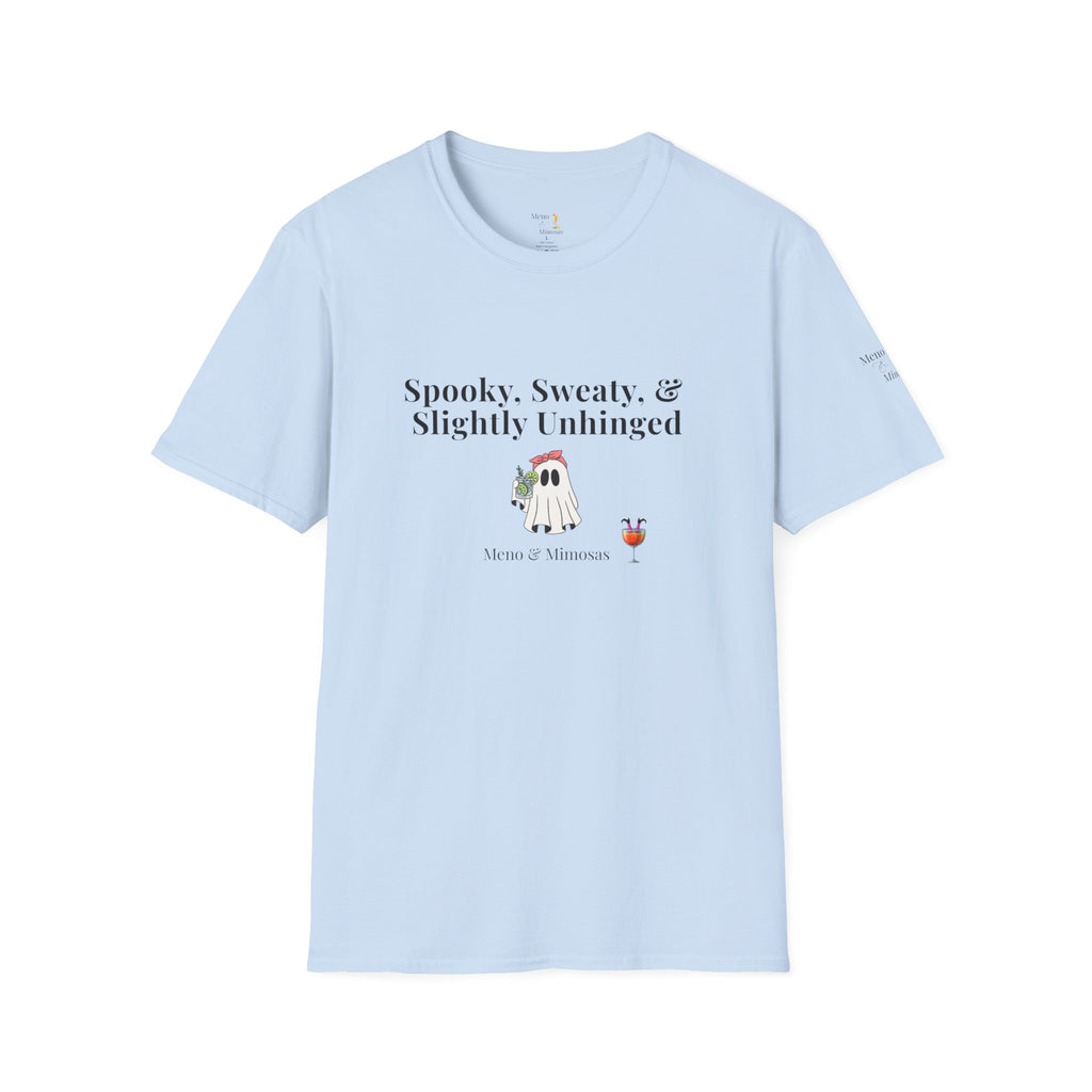"Spooky, Sweaty, & Slightly Unhinged Funny T-Shirt by Meno & Mimosas - Halloween Collection