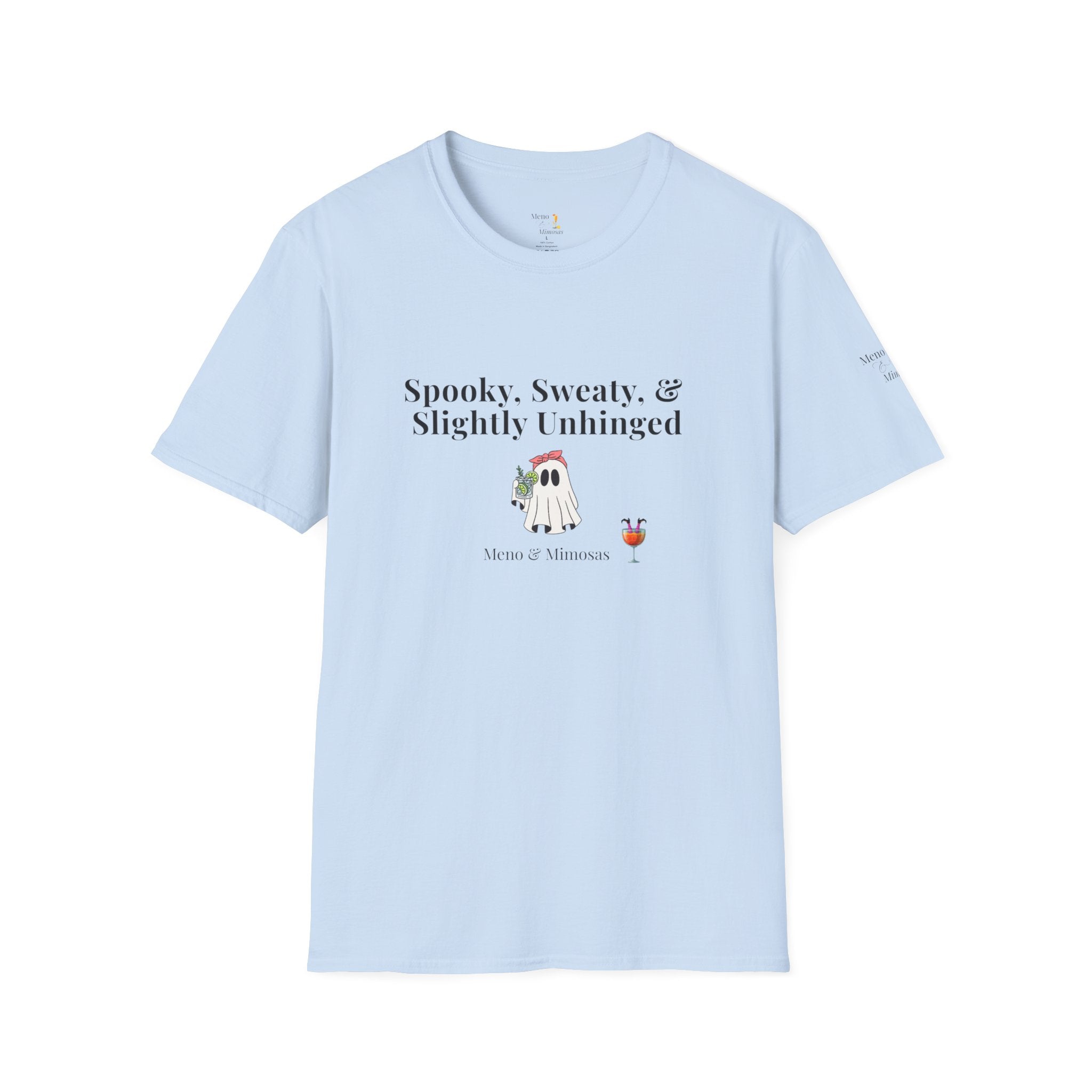 "Spooky, Sweaty, & Slightly Unhinged Funny T-Shirt by Meno & Mimosas - Halloween Collection