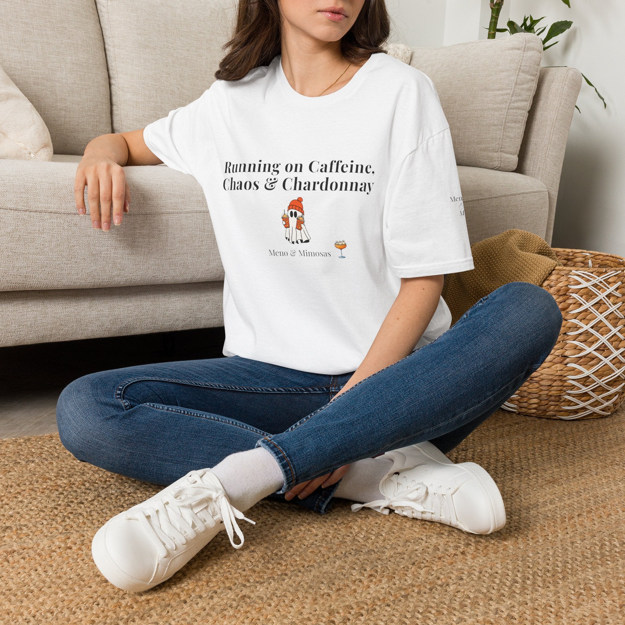 "Running on Caffeine, Chaos, & Chardonnay" Funny Menopause Humour T-Shirt by Meno & Mimosas - Halloween Collection