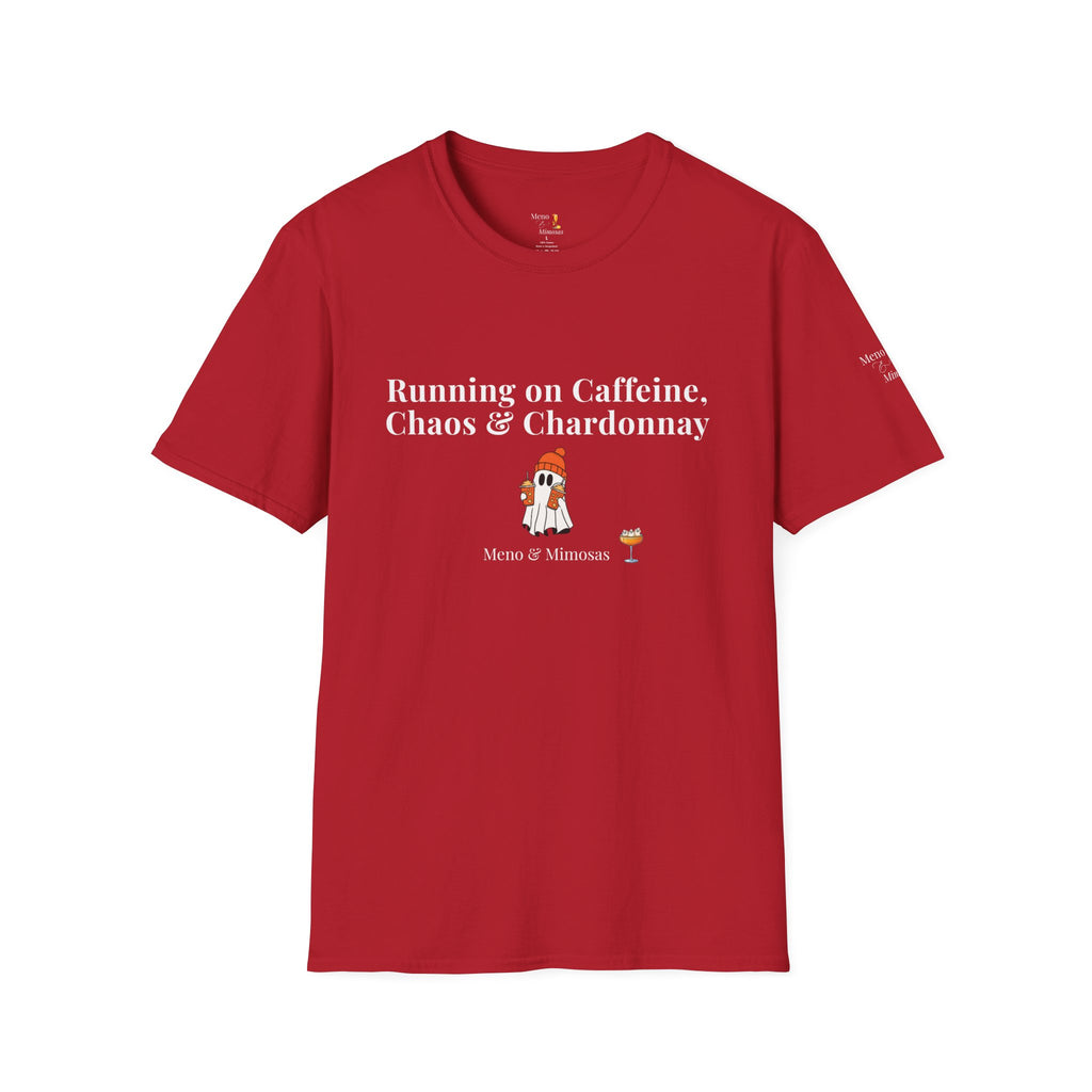 "Running on Caffeine, Chaos & Chardonnay" Funny Halloween T-Shirt by Meno & Mimosas