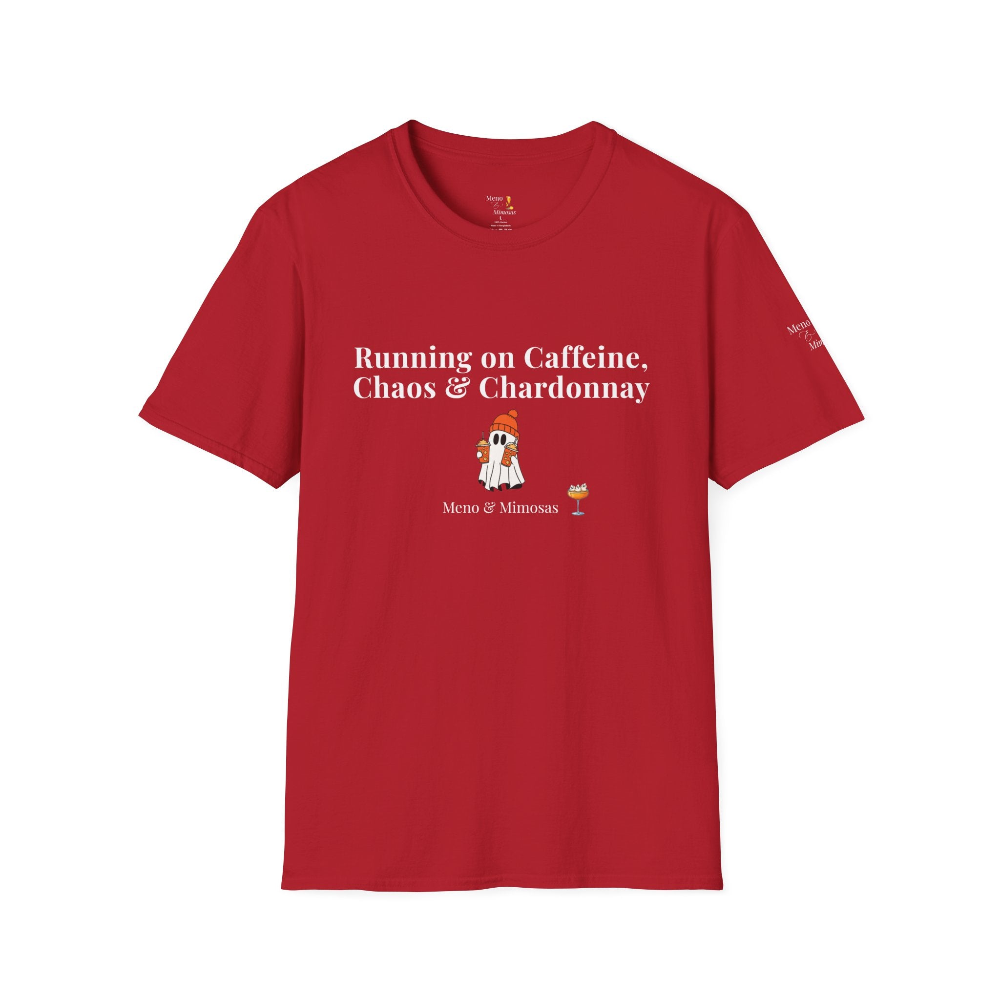 "Running on Caffeine, Chaos & Chardonnay" Funny Halloween T-Shirt by Meno & Mimosas
