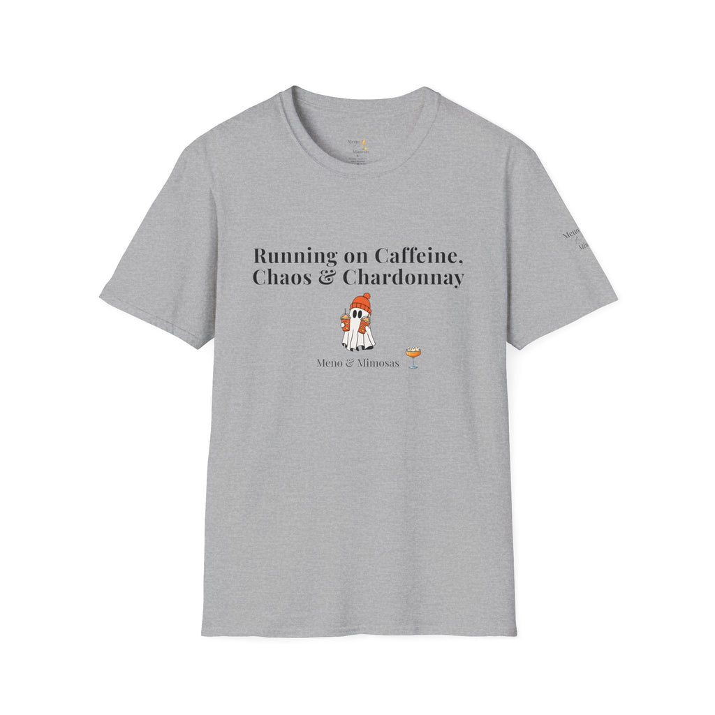"Running on Caffeine, Chaos, & Chardonnay" Funny Menopause Humour T-Shirt by Meno & Mimosas - Halloween Collection