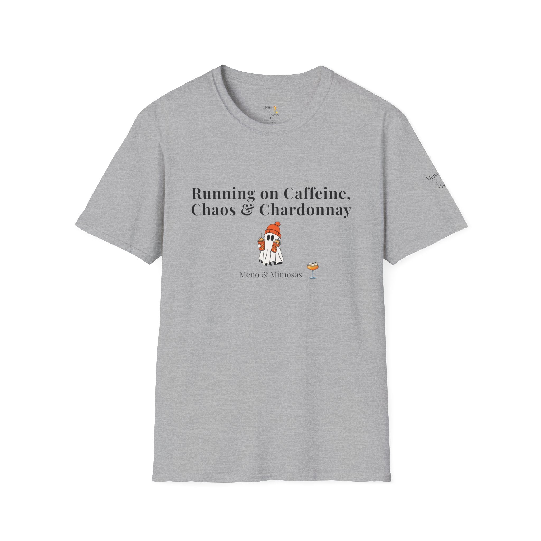 "Running on Caffeine, Chaos, & Chardonnay" Funny Menopause Humour T-Shirt by Meno & Mimosas - Halloween Collection