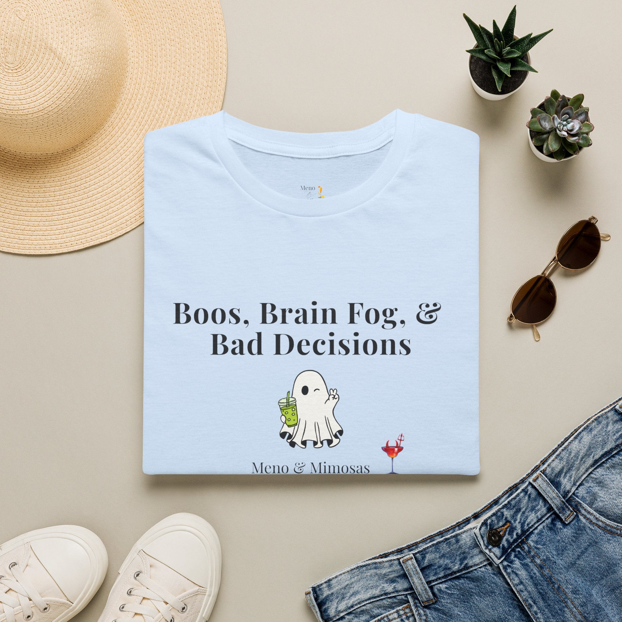 "Boos, Brain Fog, & Bad Decisions" Funny menopause humour T-Shirt from Meno & Mimosas