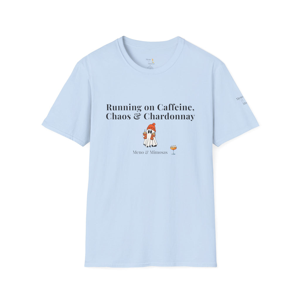 "Running on Caffeine, Chaos, & Chardonnay" Funny Menopause Humour T-Shirt by Meno & Mimosas - Halloween Collection