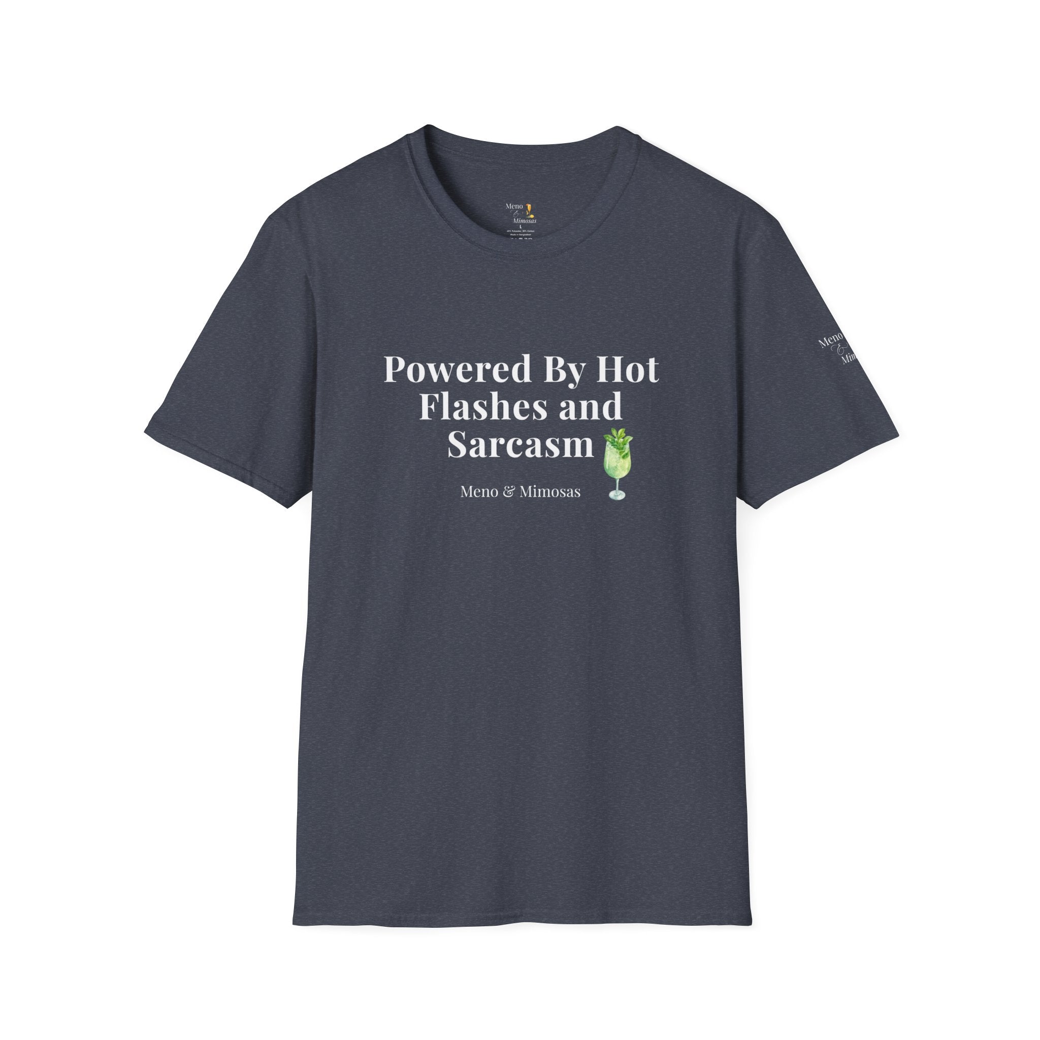 "Powered By Hot Flashes & Sarcasm" Funny Menopause T-Shirt by Meno & Mimosas