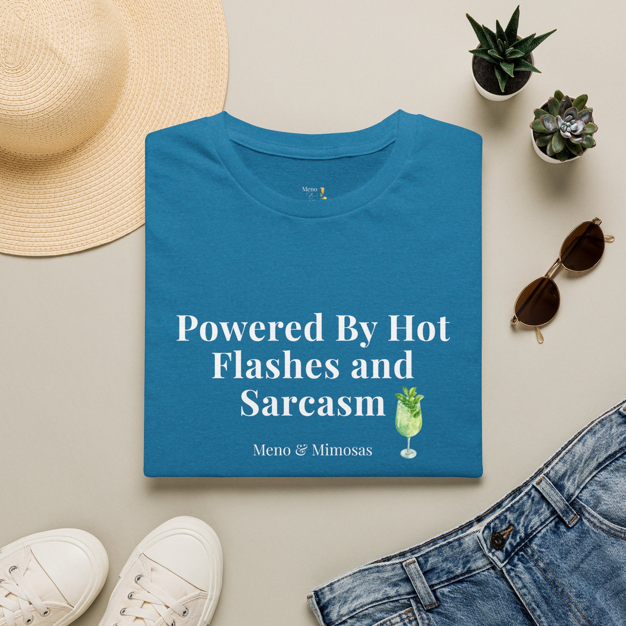 "Powered By Hot Flashes & Sarcasm" Funny Menopause T-Shirt by Meno & Mimosas