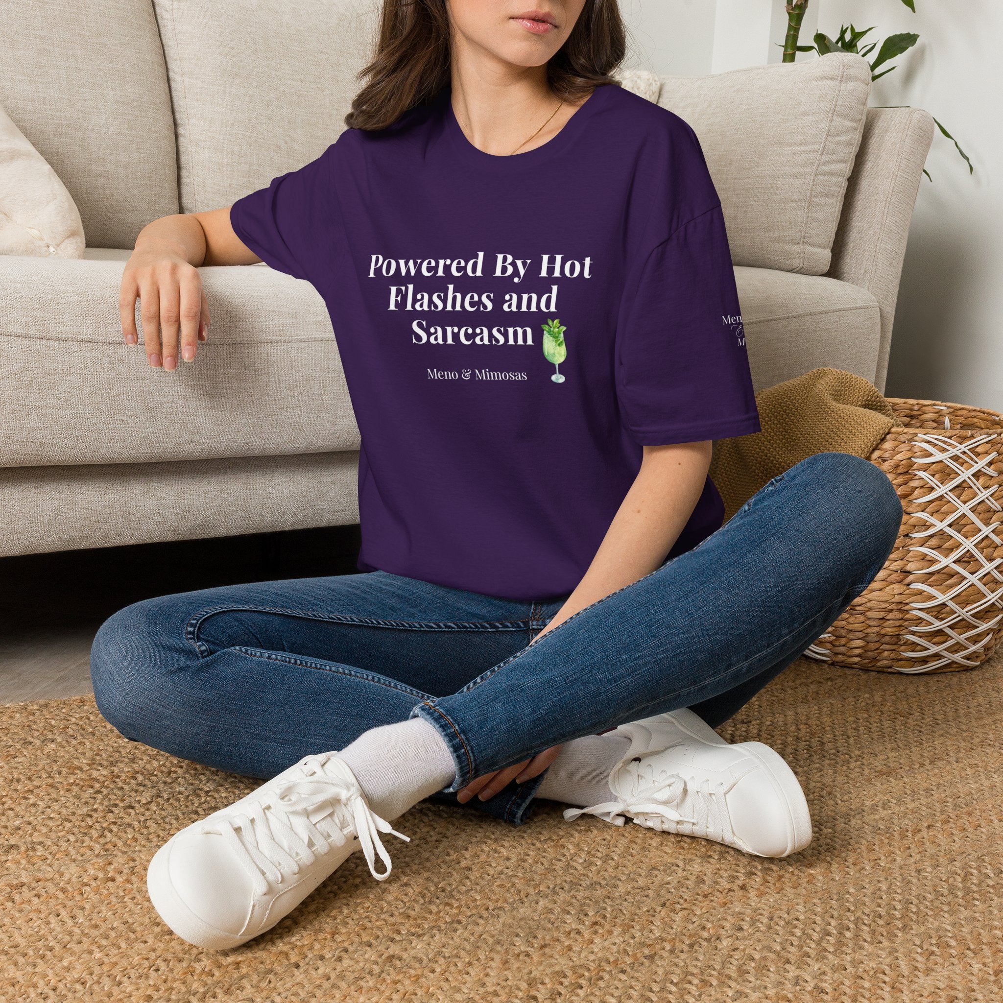 "Powered By Hot Flashes & Sarcasm" Funny Menopause T-Shirt by Meno & Mimosas