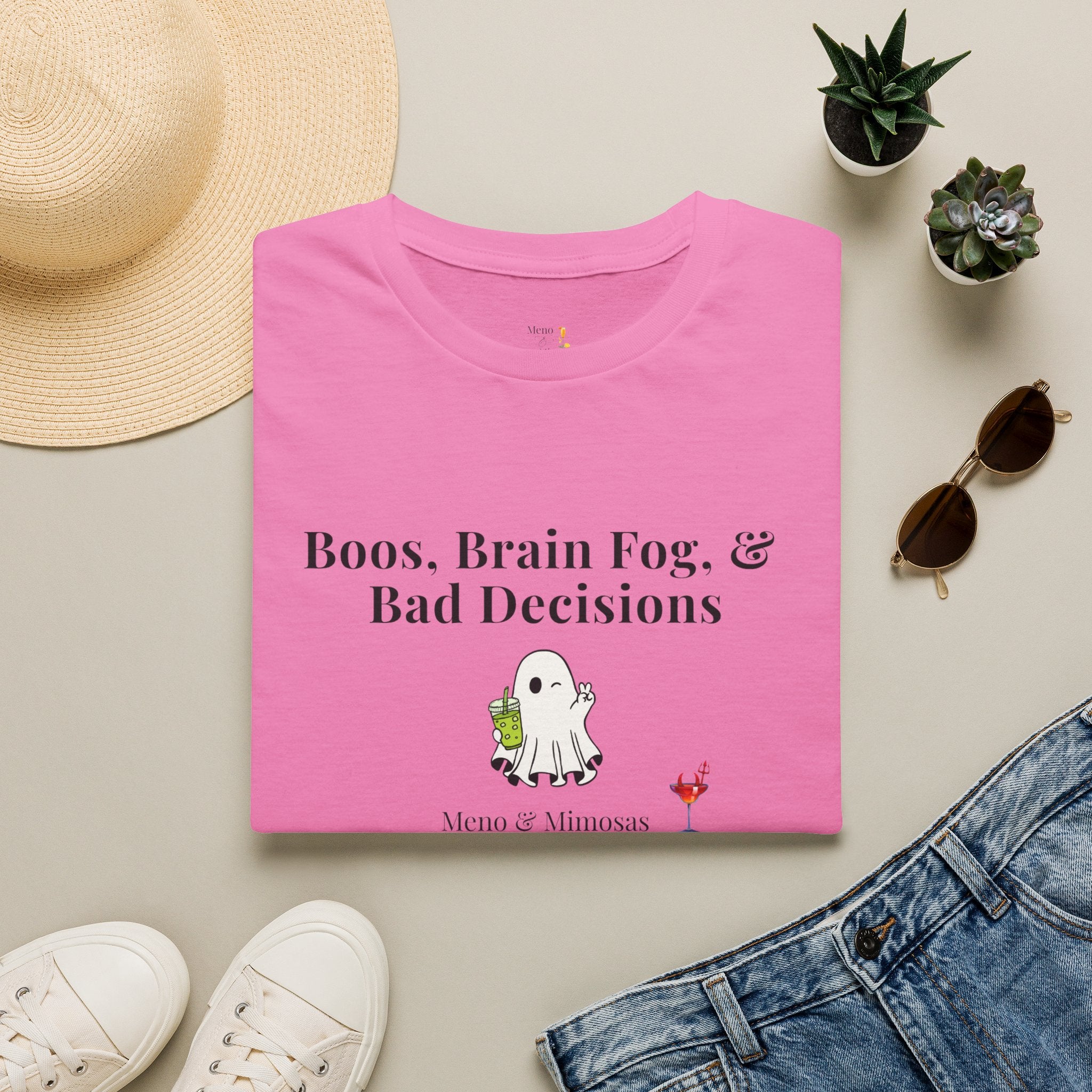 "Boos, Brain Fog, & Bad Decisions" Funny menopause humour T-Shirt from Meno & Mimosas